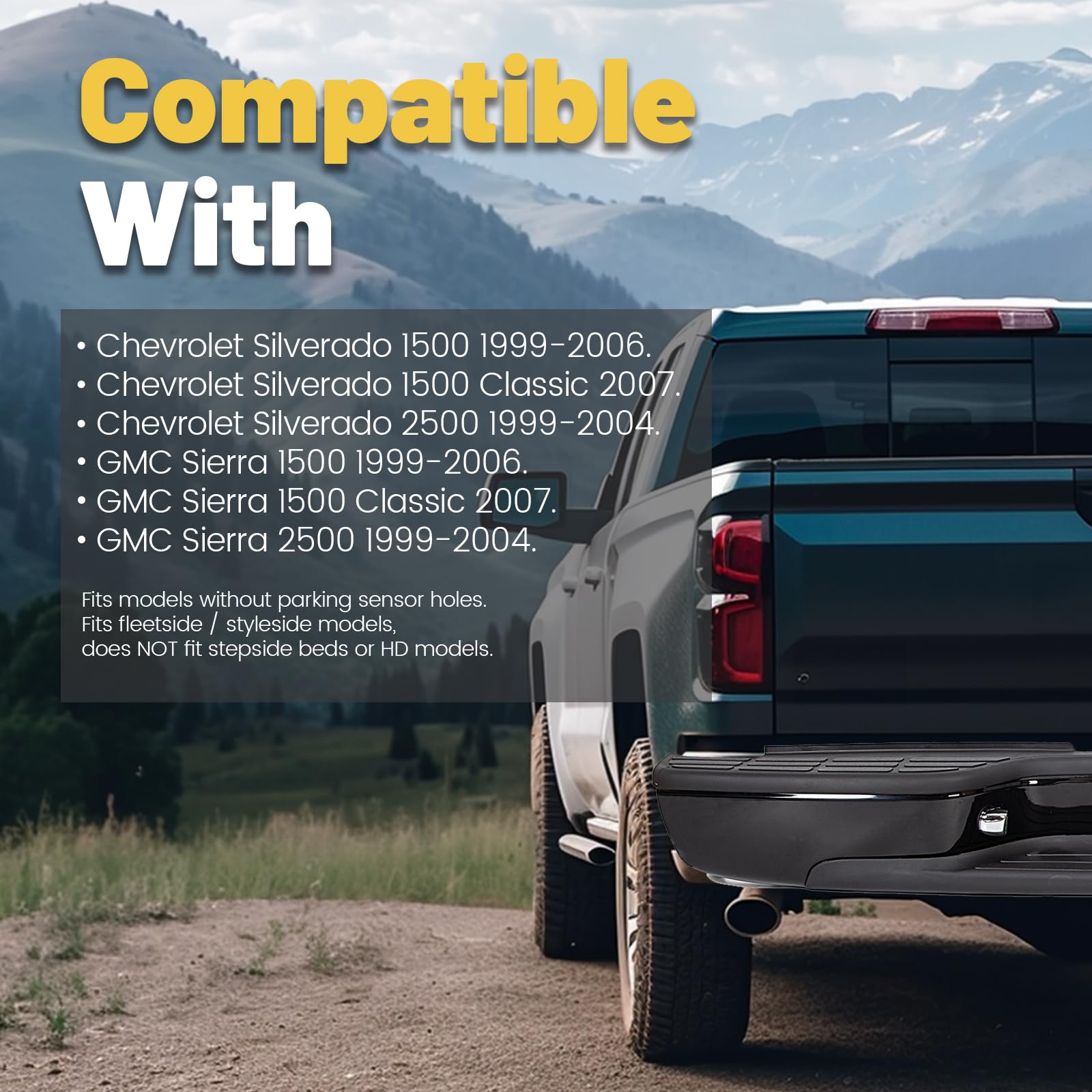 ECOTRIC Rear Step Bumper for 1999-2007 Chevy Silverado/GMC Sierra, Black ABS, License Plate Lights, Model VC-LYAM-273S-2