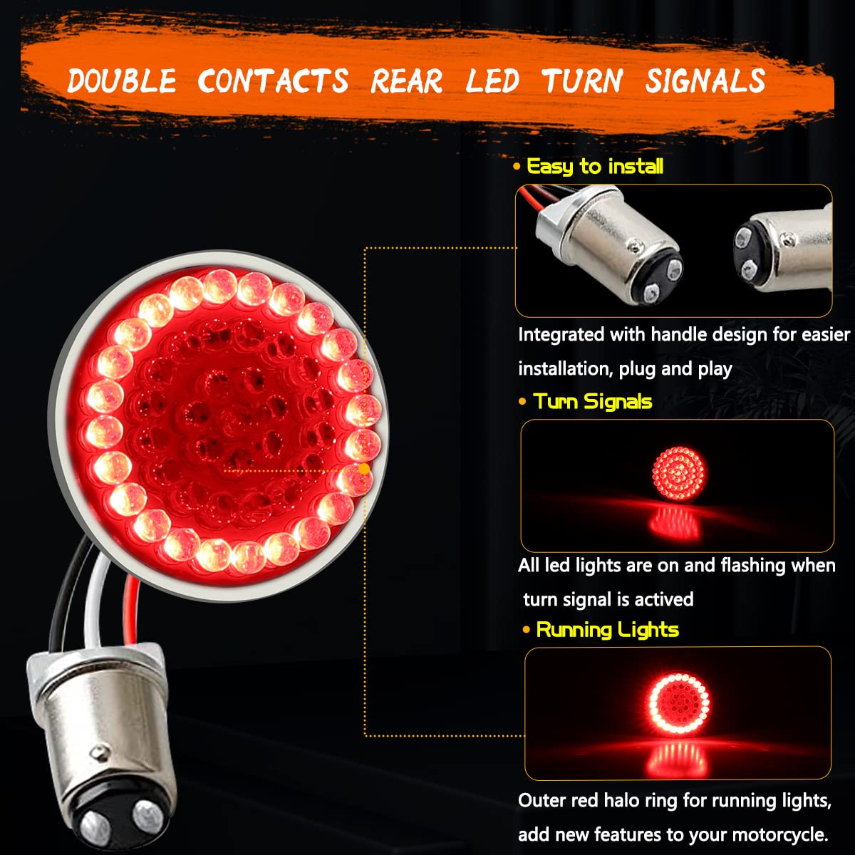 Motoparacc 1157 Front Rear Led Turn Signal, 2 Inch Bullet Double Contacts Motorcycle Brake Running Light For Harley Street Glide