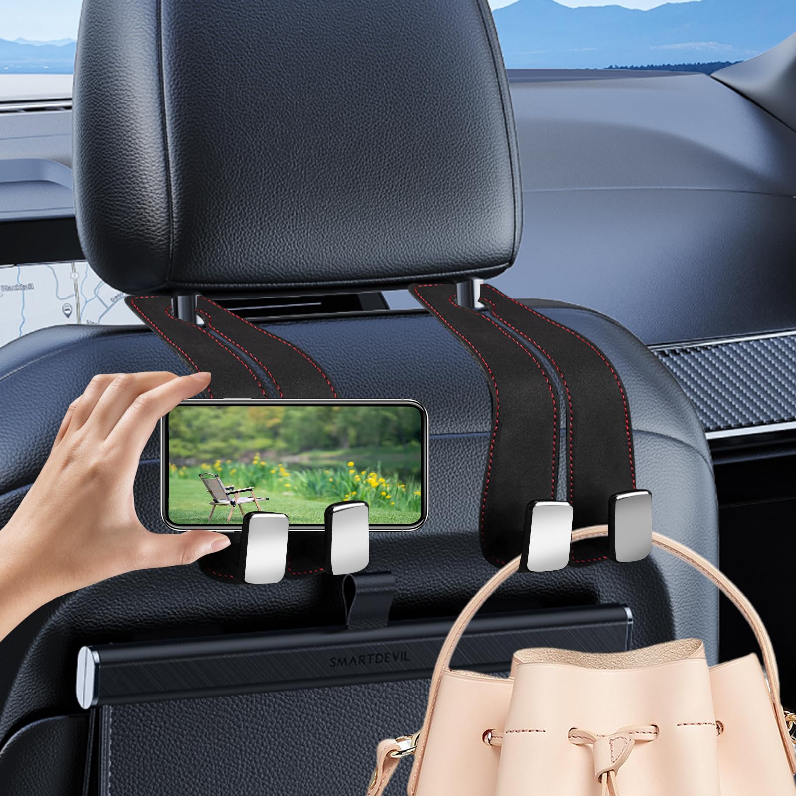 2Pcs Car Hooks For Headrest, Car Seat Hooks Purse Hook For Car, Double Headrest Hooks Purse Holder & Mobile Phone Holder, Car Ha