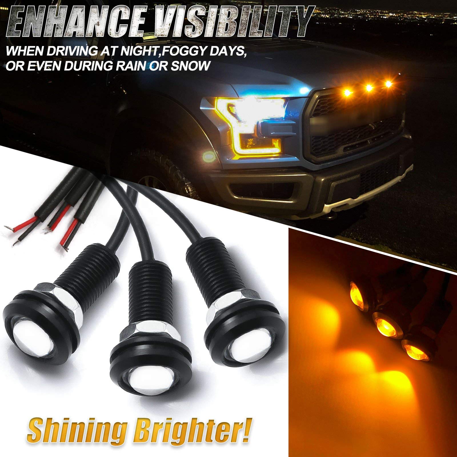 Xotic Tech 3pcs LED Front Grille Marker Lights, 18MM Amber Aluminum Alloy, #TL97-18MM, Compatible with Cars, Trucks, SUVs, Trailers
