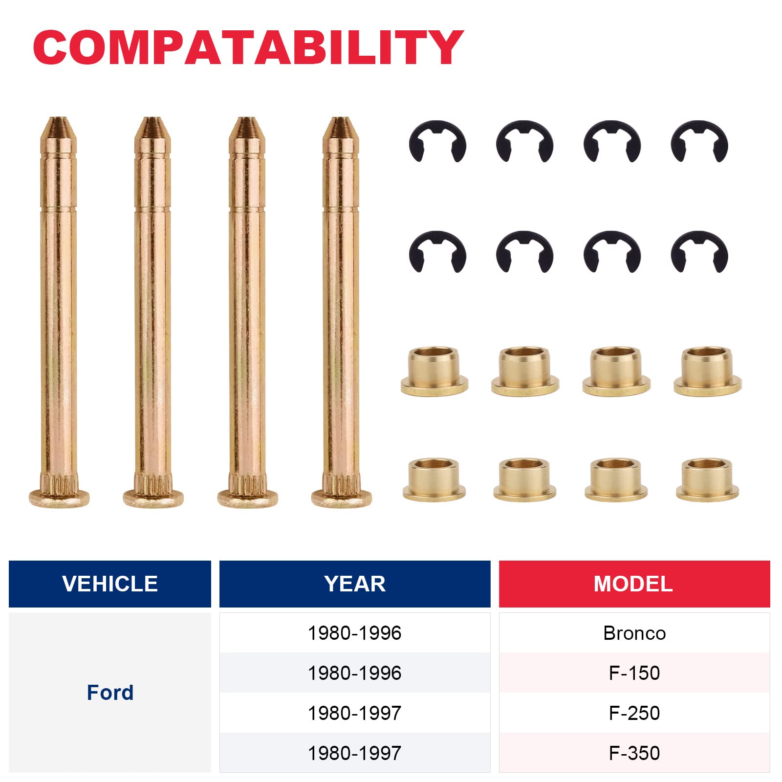 Door Hinge Pin And Bushing Kit Fits For Ford F150 F250 F350 Bronco(2Door - 4Pins,8Bushings And 8Clips)