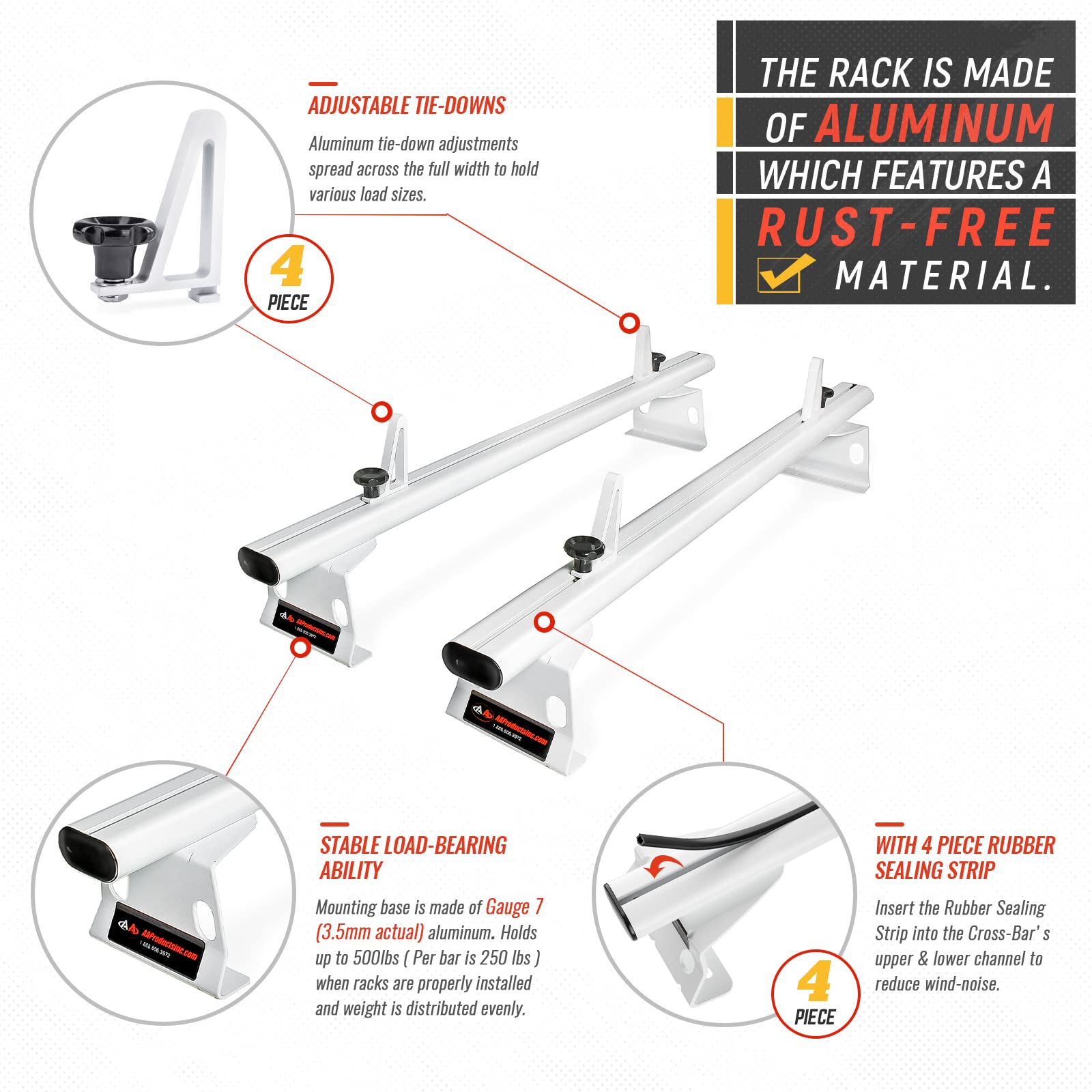 AA Racks Model AX302 Aluminum Van Ladder Roof Rack System Fits for 2013-On RAM ProMaster/ 2015-On Transit - 2 Bar 72'', White
