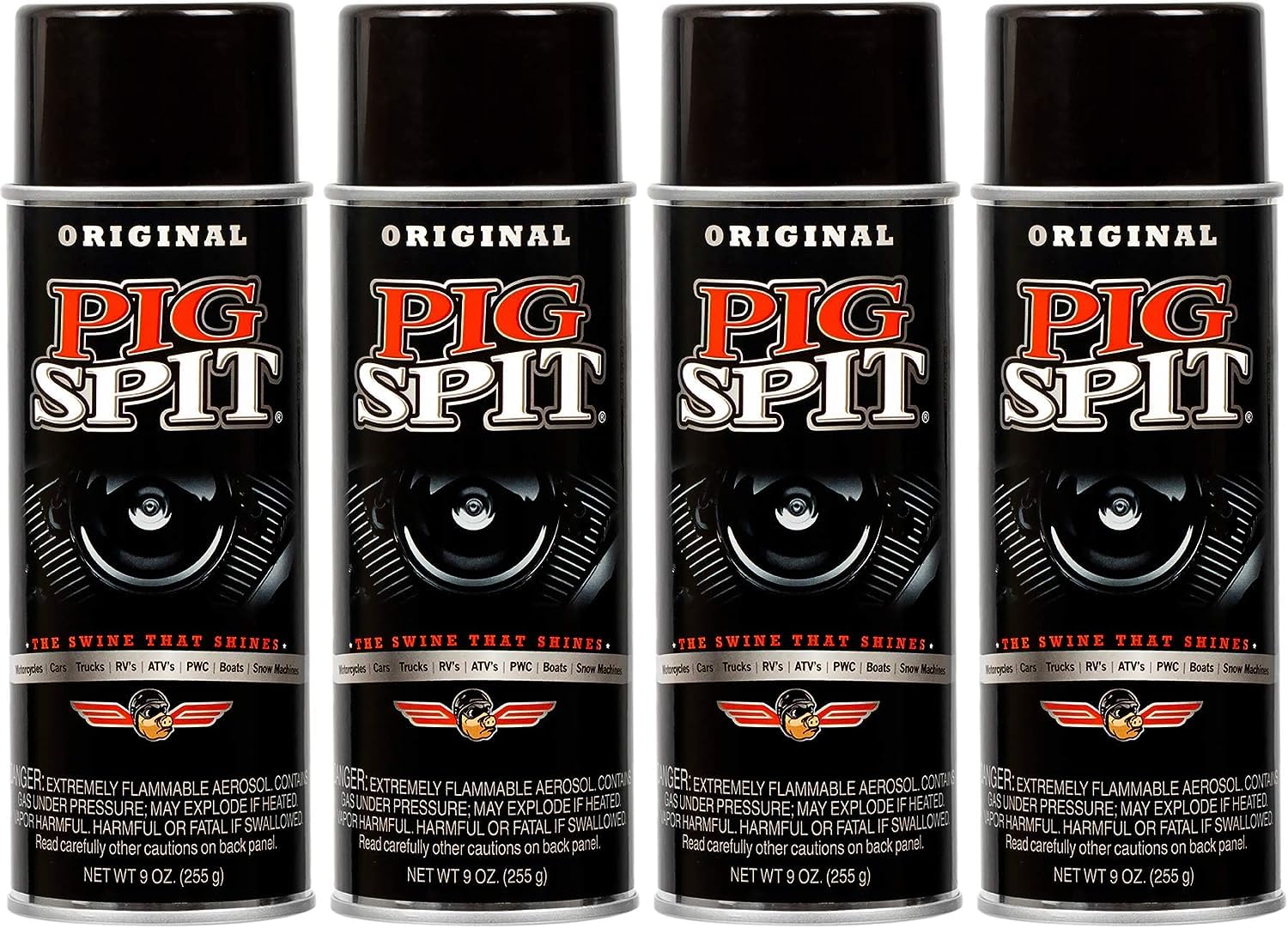 PIG SPIT Original | Shine for Engines, Trim, Tires & Vinyl | Restores Faded Black Plastic | 9 oz. | 4-Pack