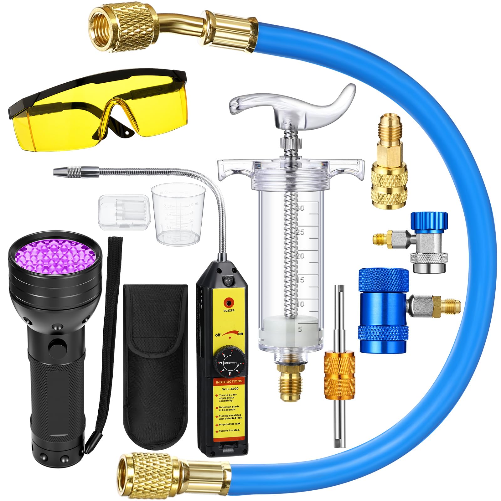 Tellegloww 8 Pcs Ac Leak Detector Kit R1234yf R134a R410a Hand Push Compressor Manual Ac Oil UV Dye Injector Refrigerant Leak De