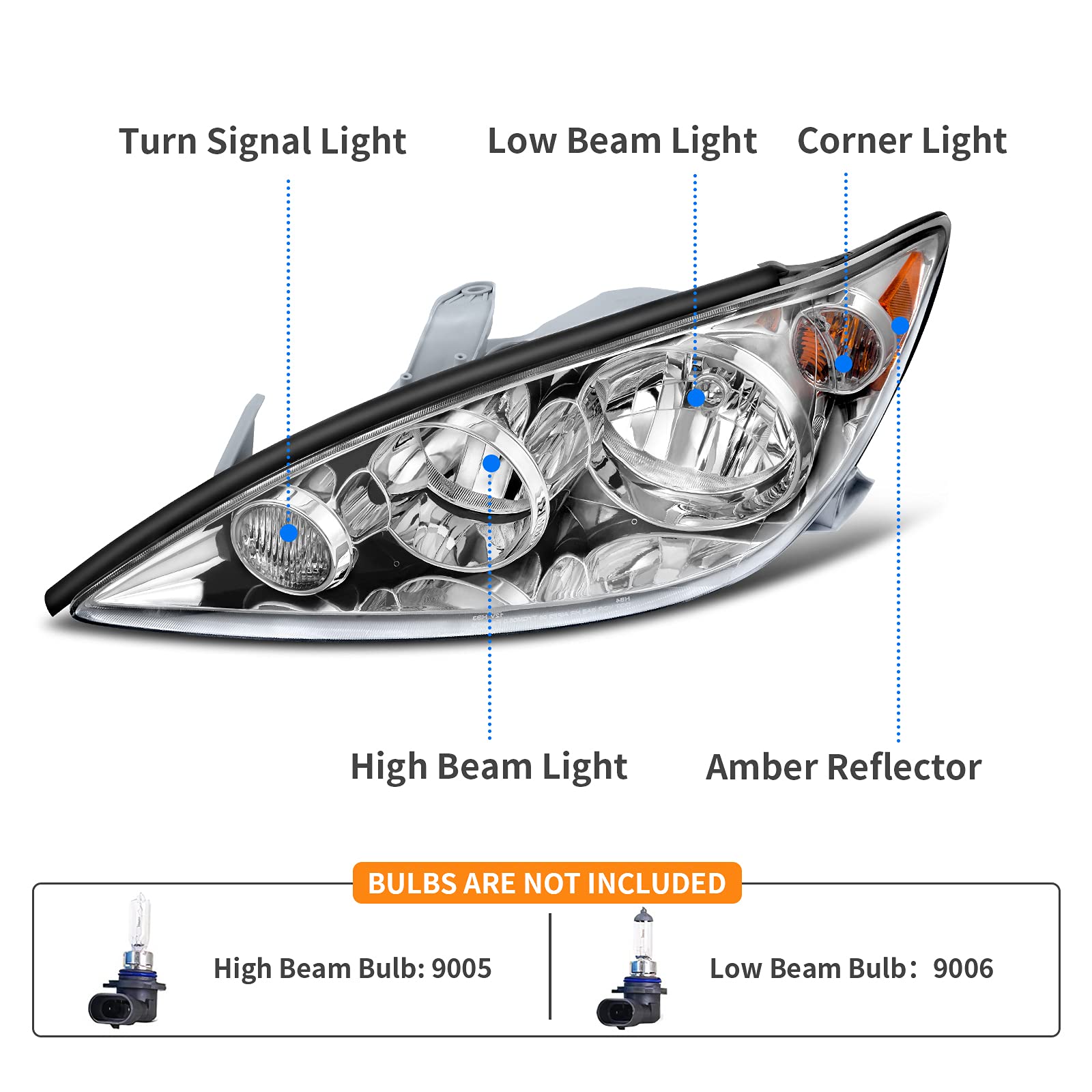 Dwvo Headlight Assembly Compatible With 05 06 2005-2006 Camry Us Built Le & Xle Headlamps Replacement Chrome Housing Amber Refle