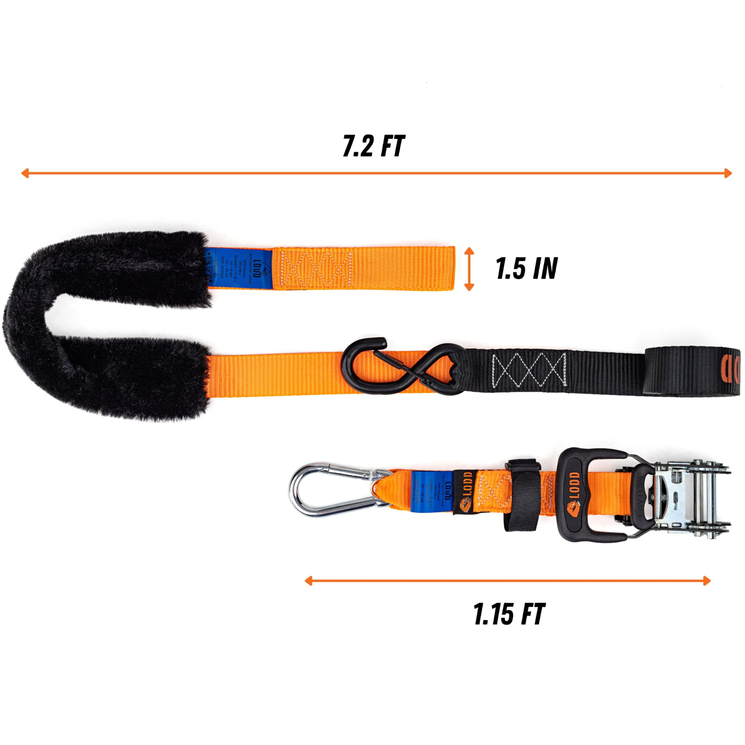 LODD Motorcycle Tie Down Straps - 38mm, Black & Orange, Polyester, 3300 lb Strength, Includes Carry Case, Model MTD1L