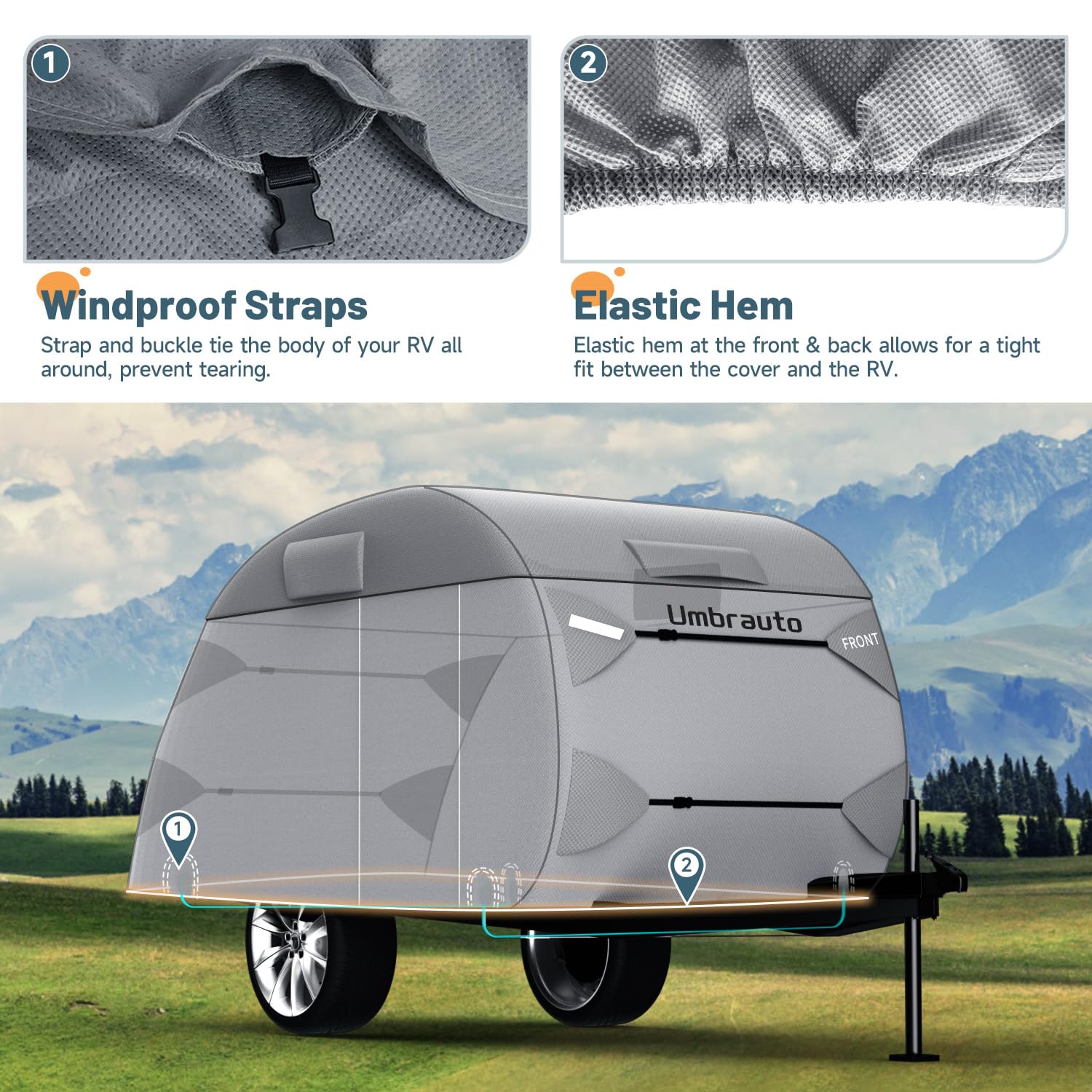 Umbrauto Teardrop Travel Trailer Cover - 7-Layer Waterproof, Fits 12-15FT, Heavy Duty, Windproof Strap for R-Pod & Clamshell Trailers