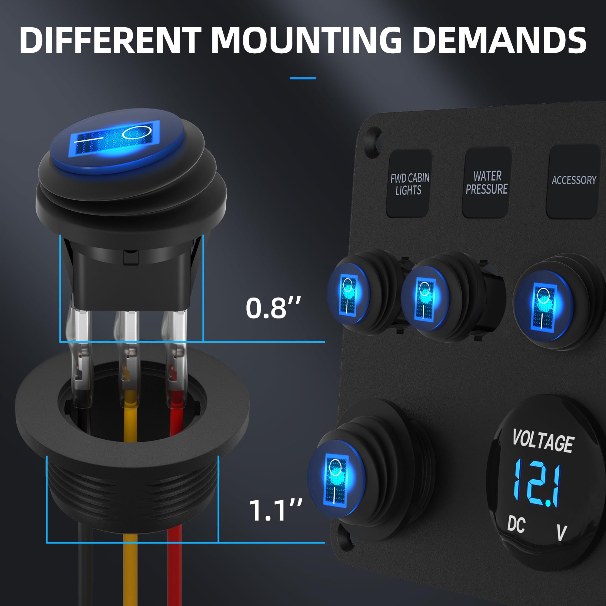 DaierTek Round Rocker Switch 12V 20A UL Listed Waterproof Marine Round Toggle Switch LED Lighted ON Off Switch Heavy Duty 3 Colo
