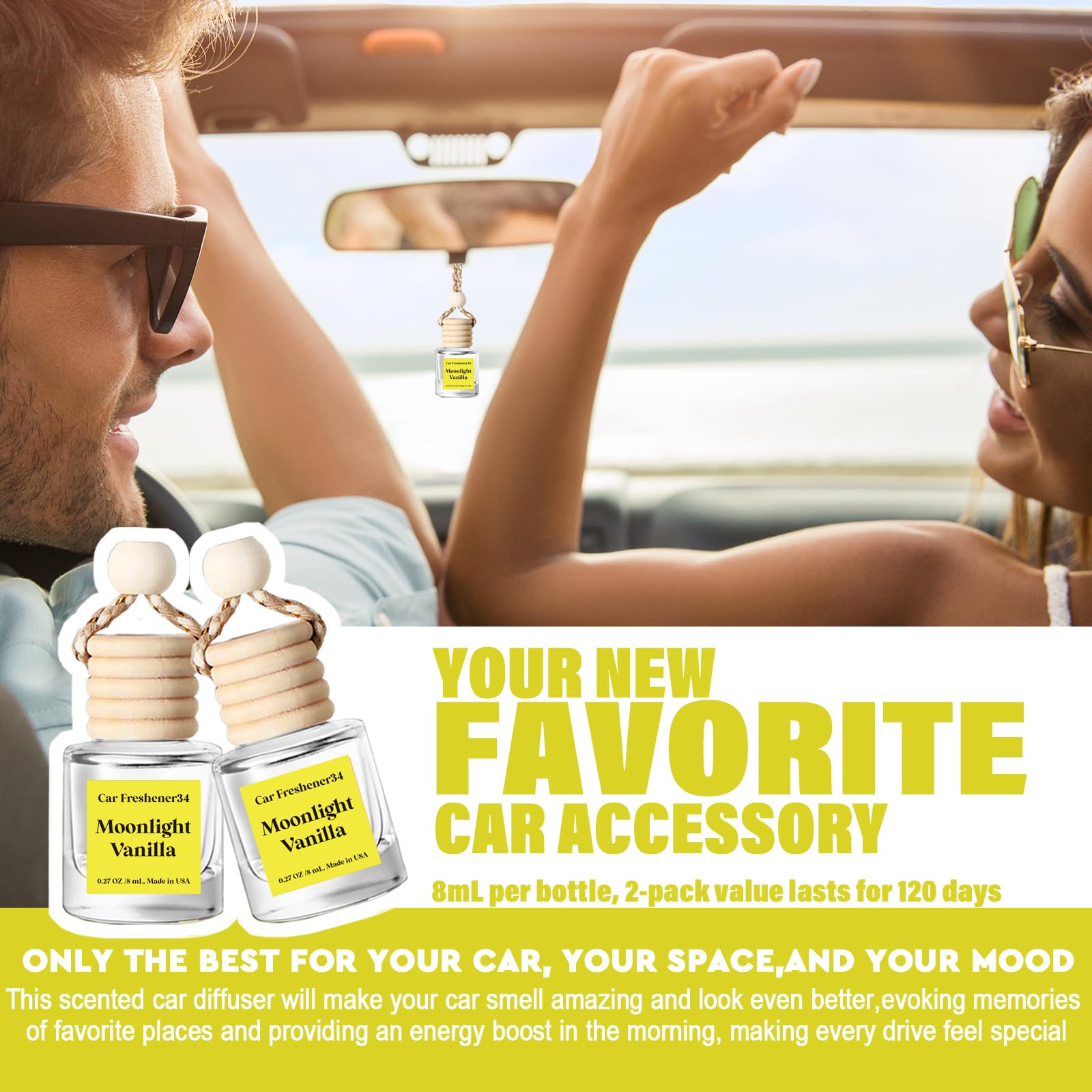 C CLASSY PERSONALIZED JEWELRY Car Air Freshener 2 Pack, Moonlight Vanilla Essential Oil, 0.14 Fl Oz, Made in USA, Cute Car Accessories