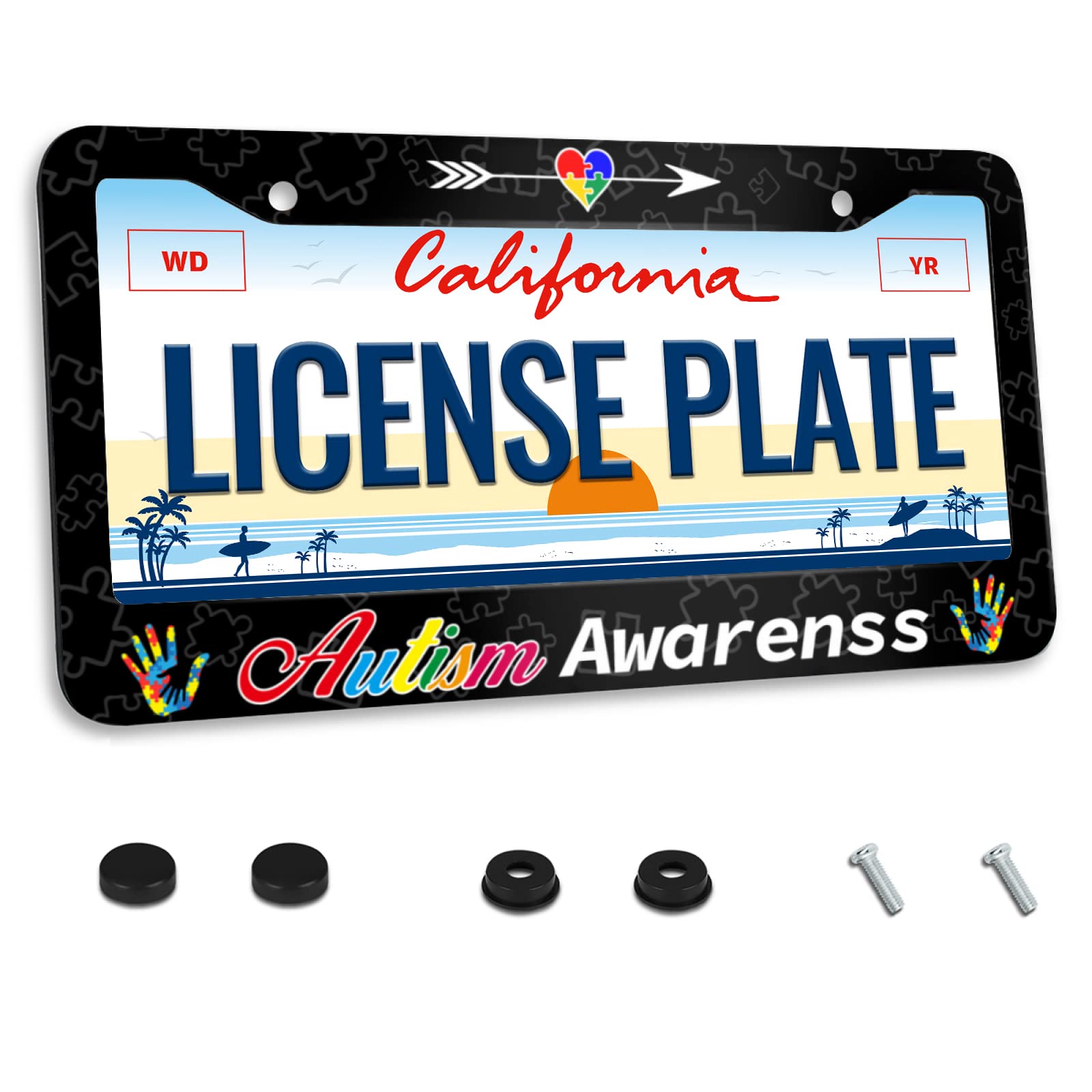Autism Awareness License Plate Frame Color Puzzle Palms License Plate Frame for Car Decorative Parts Stainless Steel License Pla