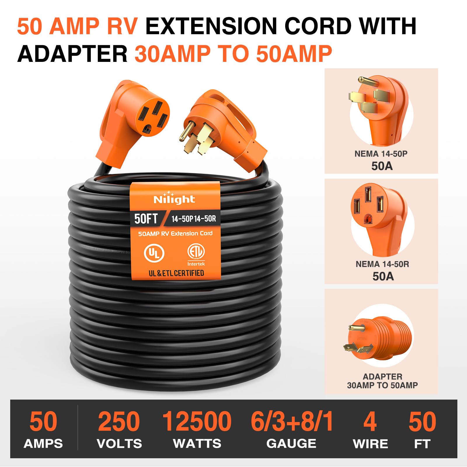 Nilight 50Ft 50 Amp Rv Extension Cord With Adapter 30Amp To 50Amp 250V Heavy Duty 6/3+8/1 Gauge Pure Copper Stw Wire Ul Etl List