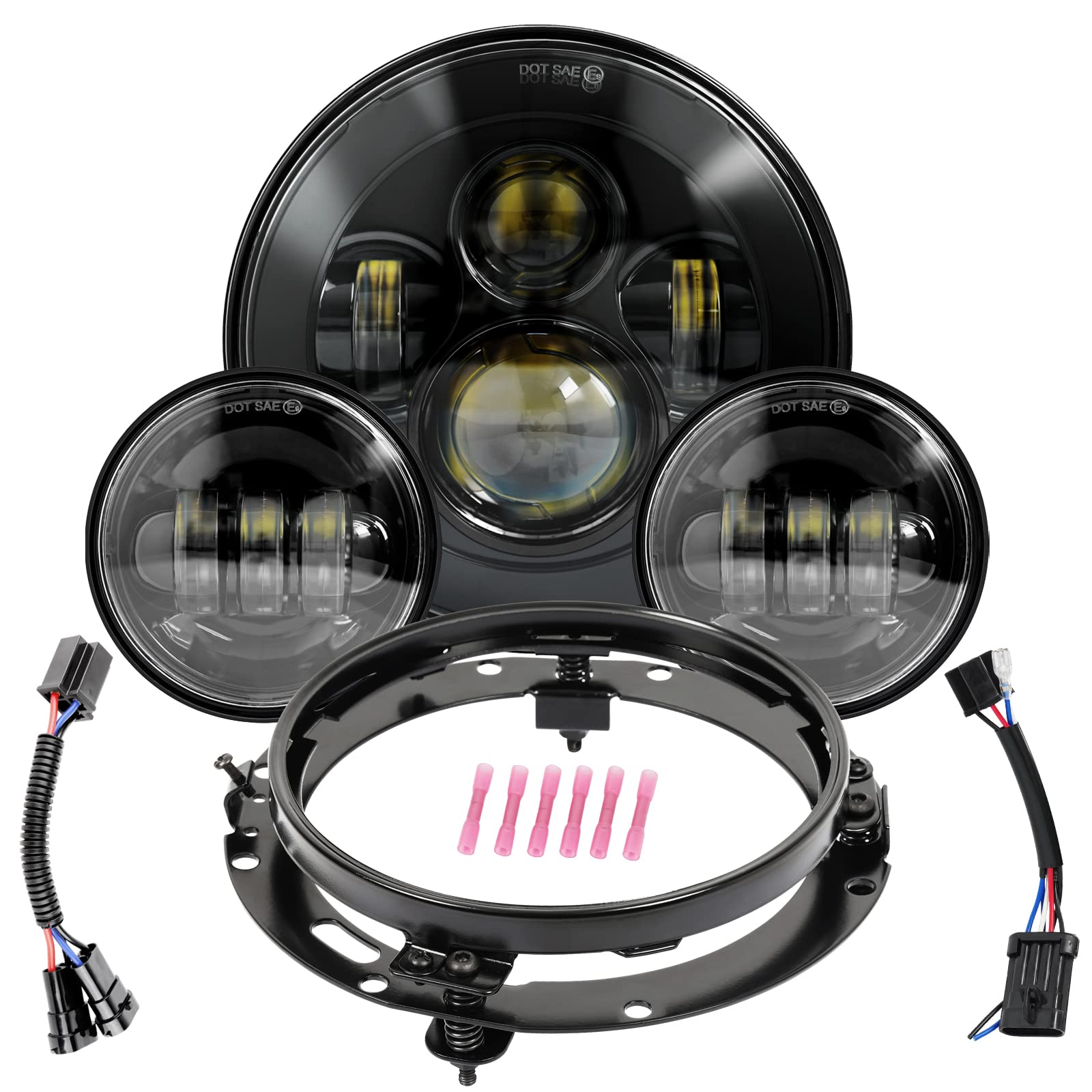 Wisamic Motorcycle 7    LED Headlight, 4.5 inch Passing Lamps Fog Lights and Mounting Ring, Compatible with Harley Davidson Road