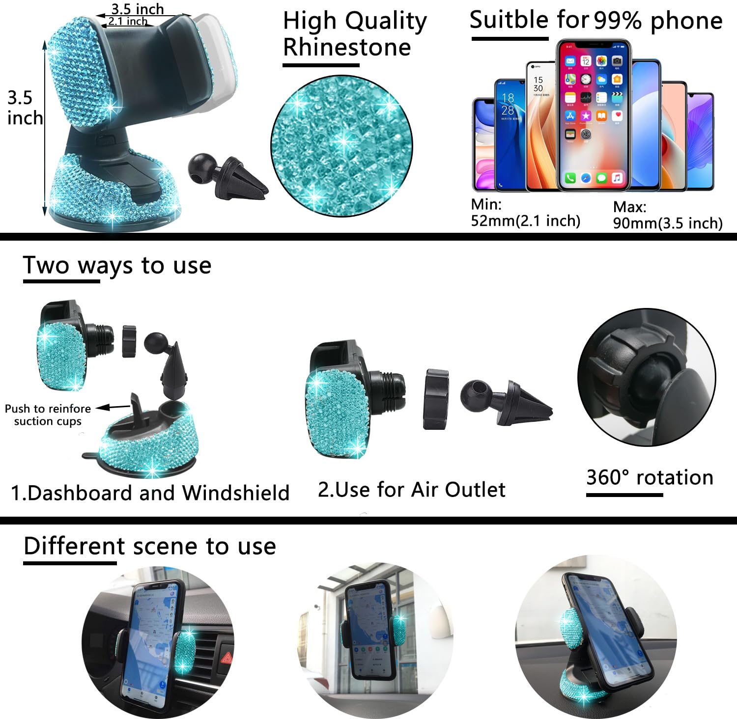 NBTEPEM 27 PCs Aquamarine Bling Car Accessories Set, Universal 15" Steering Wheel Cover, Silicone, Includes License Plate Frame & Phone Holder
