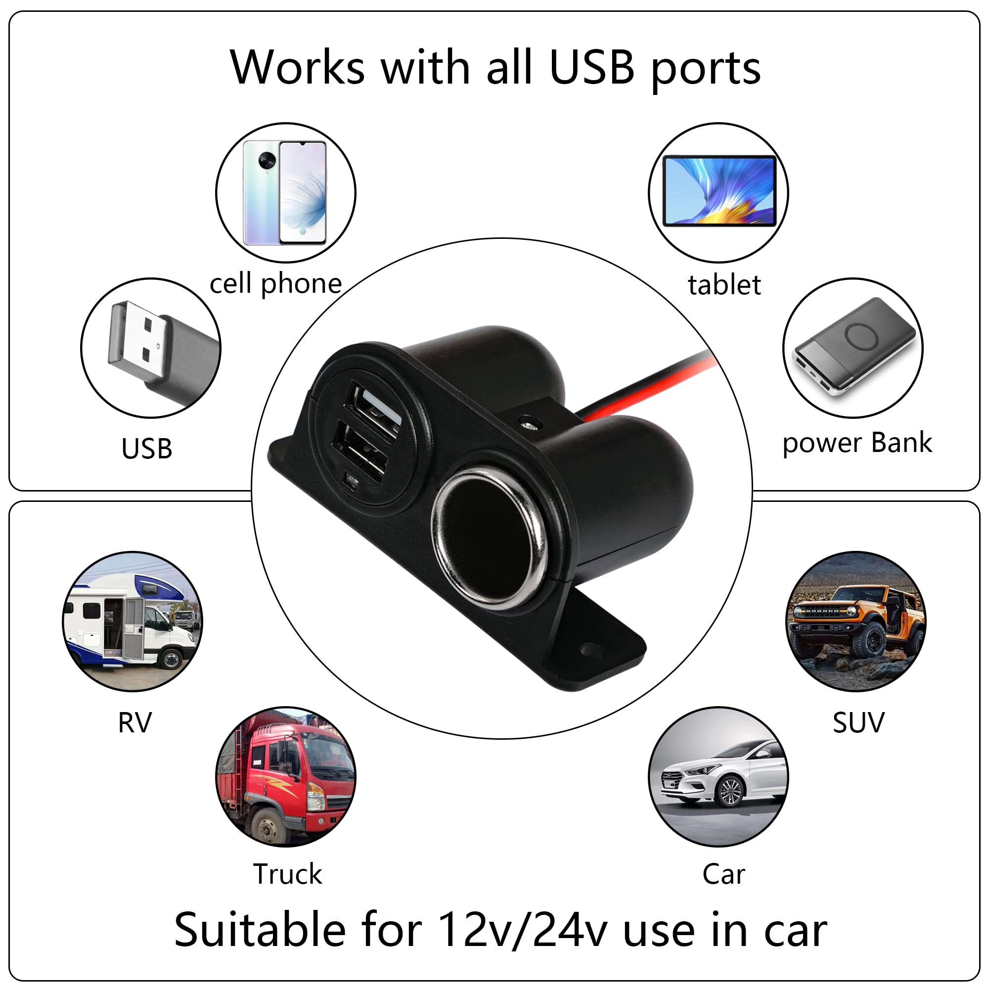 RIIEYOCA 12V USB Cigarette Lighter Socket, Cigarette Lighter Splitter Dual USB Outlet, with Cigarette Lighter Cover and Cable Ba