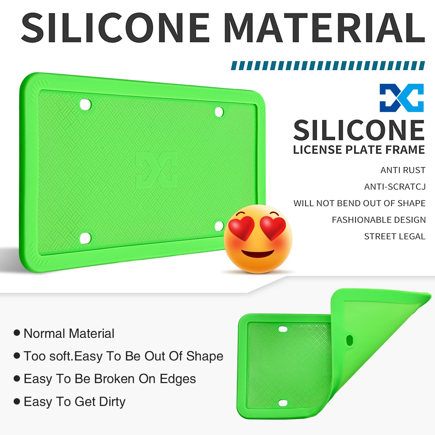 Xclpf Silicone Green License Plate Frame Covers 2 Pack- Front And Back Car Plate Bracket Holders. Rust-Proof, Rattle-Proof, Weat