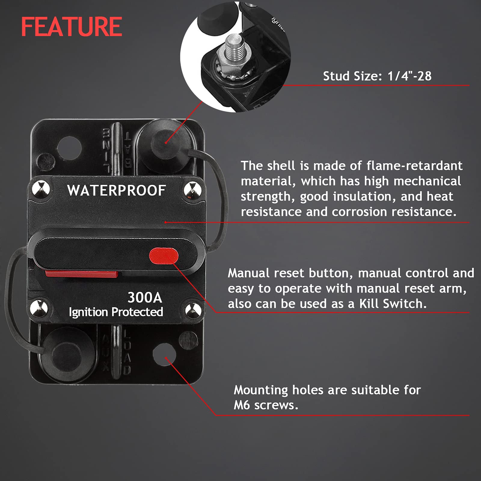 Hamolar 3 Pack 300A Circuit Breaker With Manual Reset Fuse Holder For Car Audio Marine Boat Stereo Switch, With Wire Lugs Copper