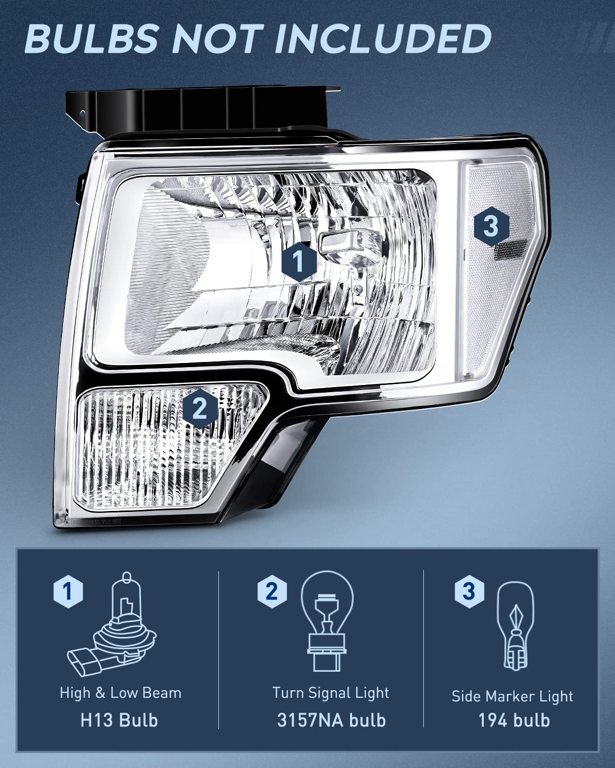 Nilight Headlight Assembly for 2009-2014 F150, Chrome Housing, Clear Lens, Driver & Passenger Side, 2 Pack