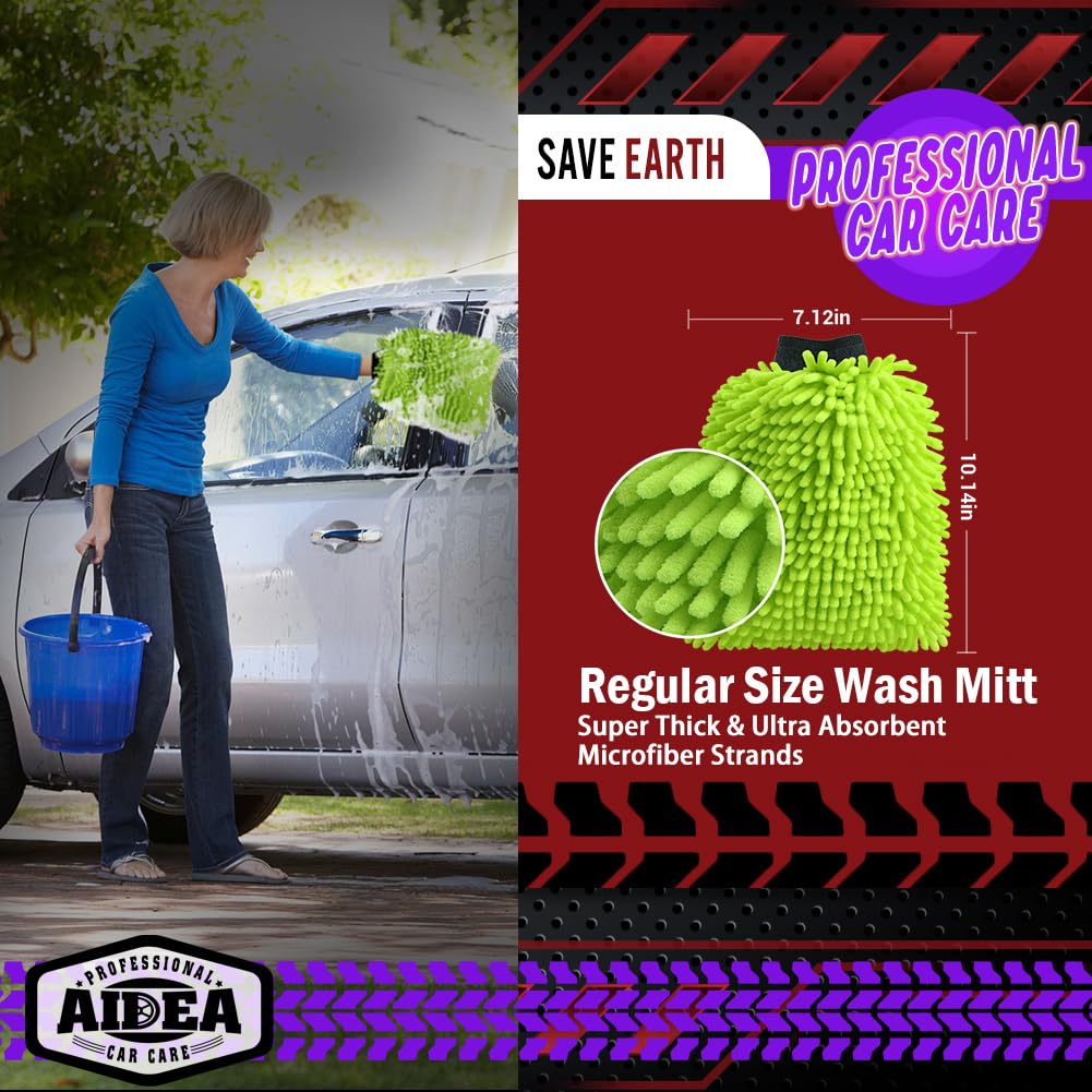 Aidea Car Wash Mitt Microfiber, 2Pk Scratch Free Lint-Free, Premium Chenille Microfiber Mitt Car Wash Brush, Green, Regular Size