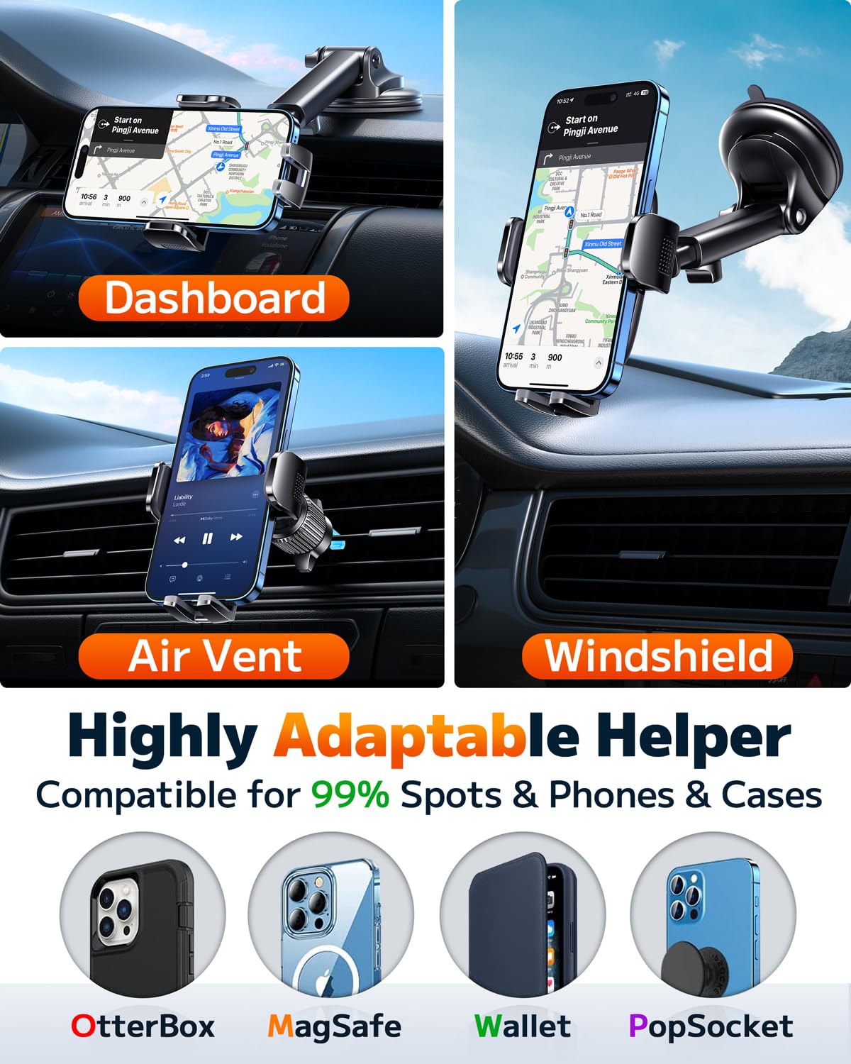 Qifutan Car Phone Holder Mount Phone Mount for Car Windshield Dashboard Air Vent Universal Hands Free Automobile Cell Phone Hold