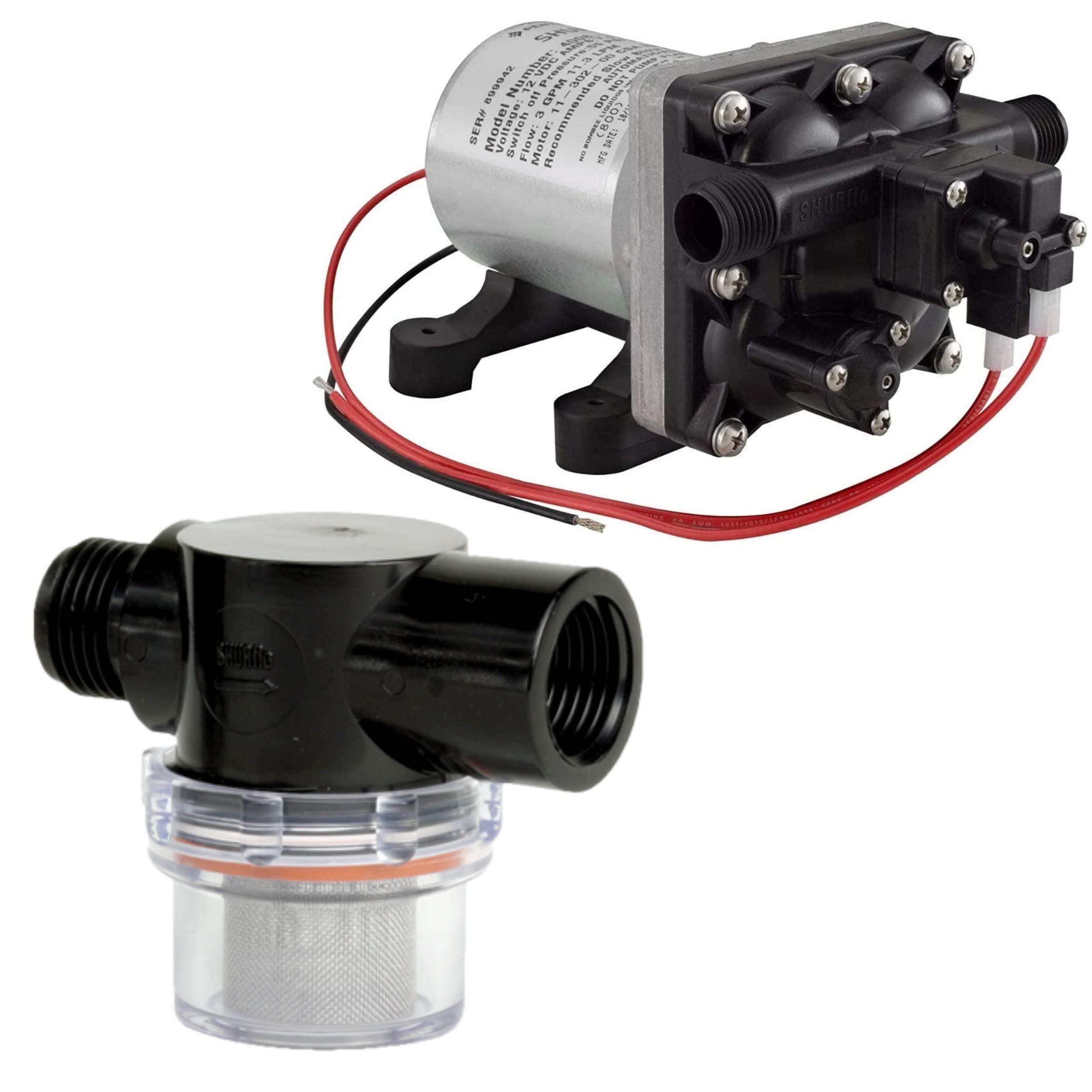 Shurflo 12 Volt RV Water Pump 3.0 GPM 4008-101-A65/E65 - Black Plastic with Optional Twist-On Pipe Strainer