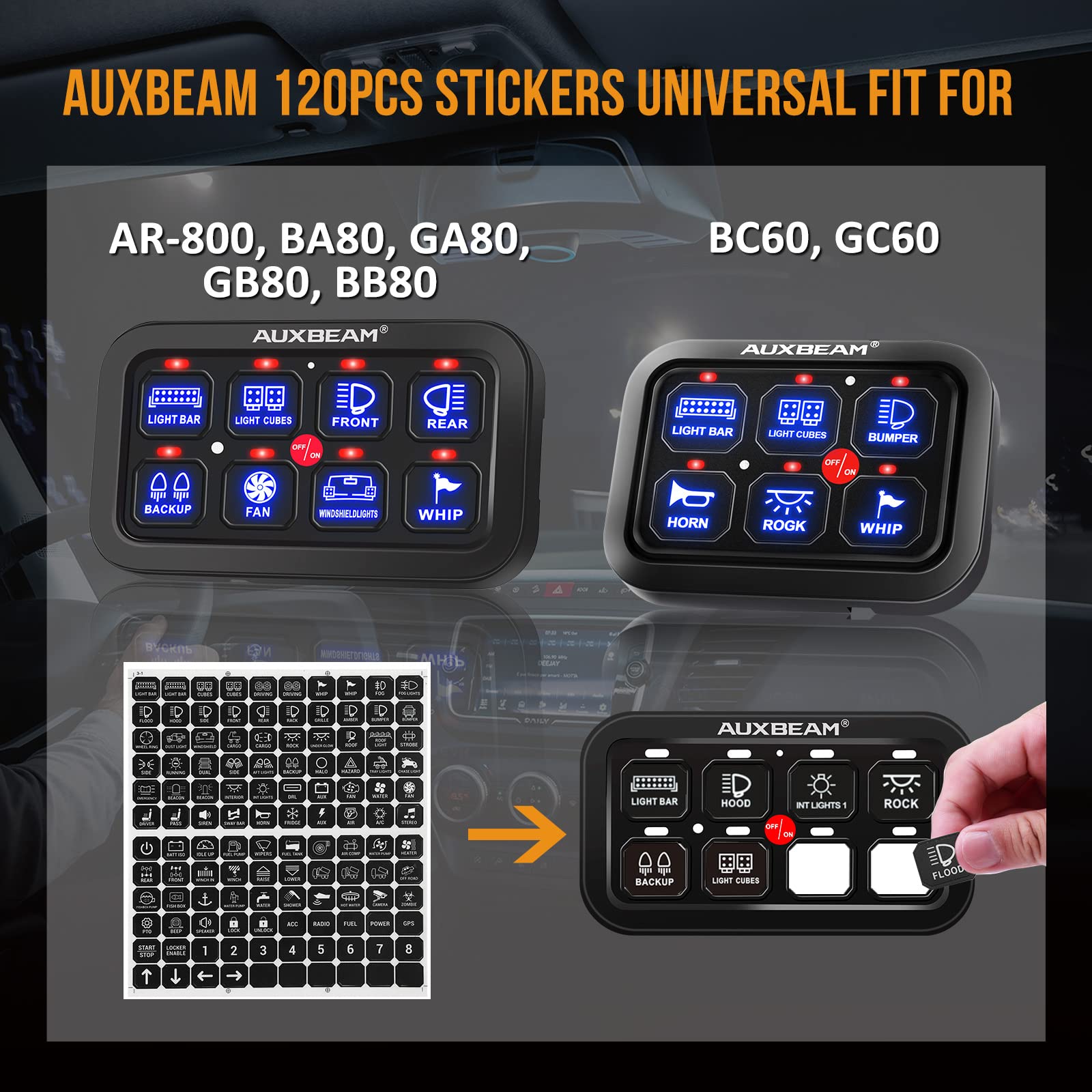Auxbeam 120Pcs Switch Panel Sticker, Switch Label Kit for Auxbeam Switch Panel BA80, GA80, BB80, GB80, BC60, GC60, AR-800, AR-82