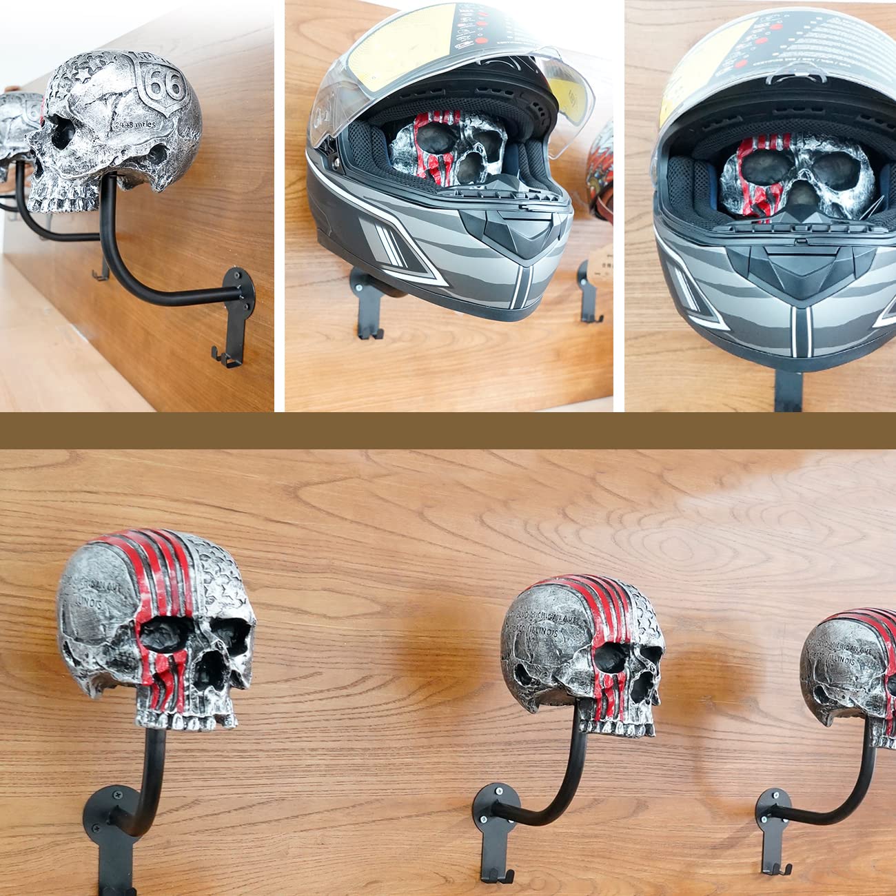Tooyuart Motorcycle Helmet Rack Wall Mount - Red Skull Design, Metal, One Size, Includes 2 Hooks for Helmets, Coats, Caps, Baseballs