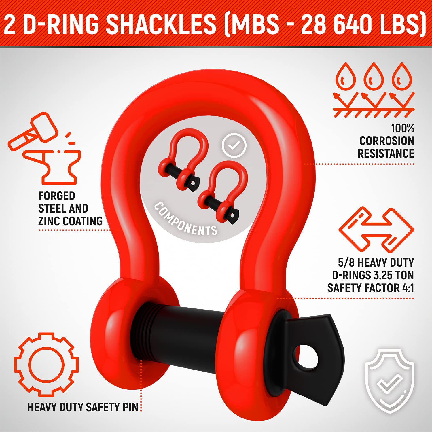 Miollegear Tow Strap 2   X20- 20990 Lbs Mbs (Lab Tested) Recovery Strap Kit Includes: Tow Rope, 2 D-Ring Shackles 5/8 Mbs- 28640