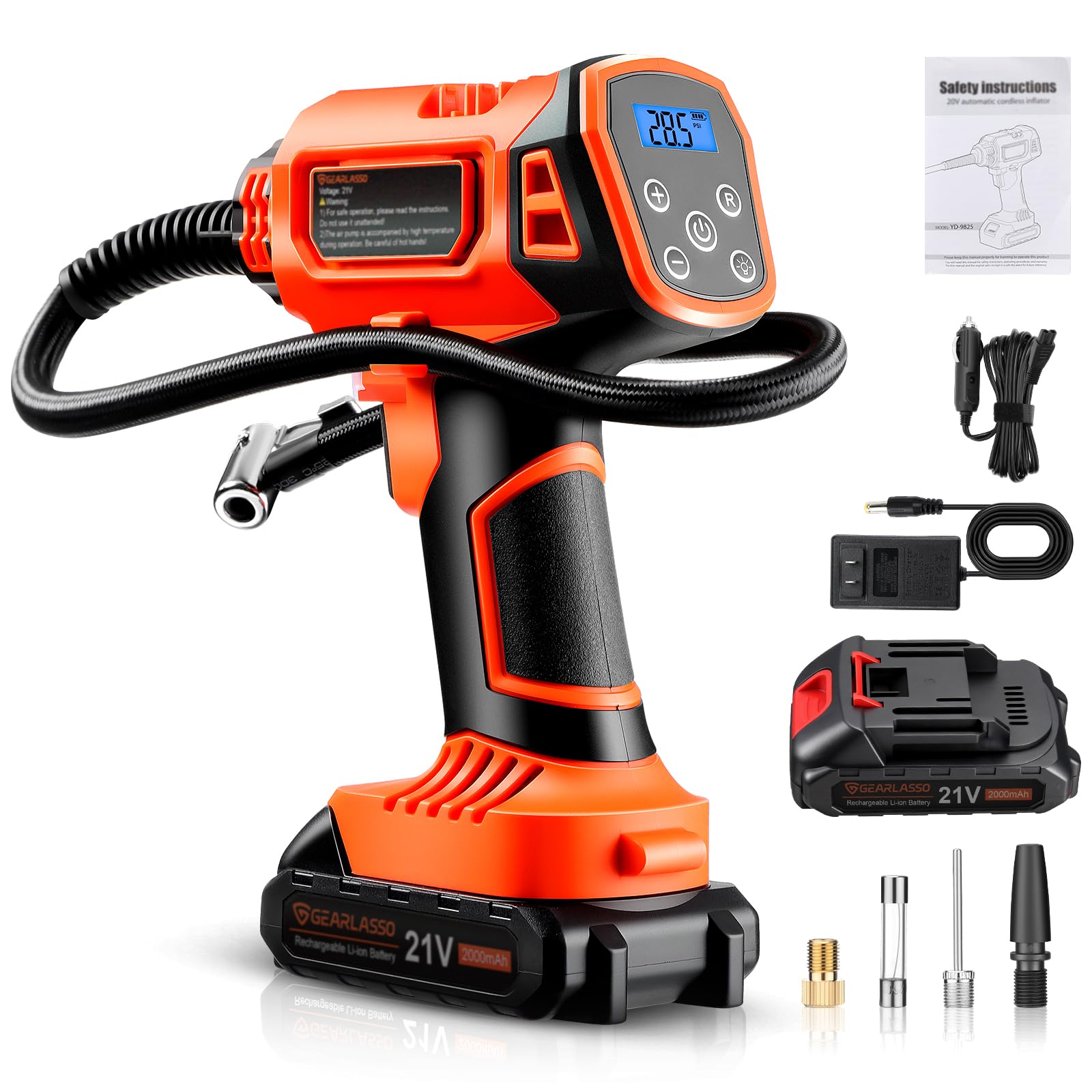 GEARLASSO Tire Inflator Portable Air Compressor, 21V Cordless Car Tire Pump, Rechargeable Battery Powered Handheld 160PSI Tire I