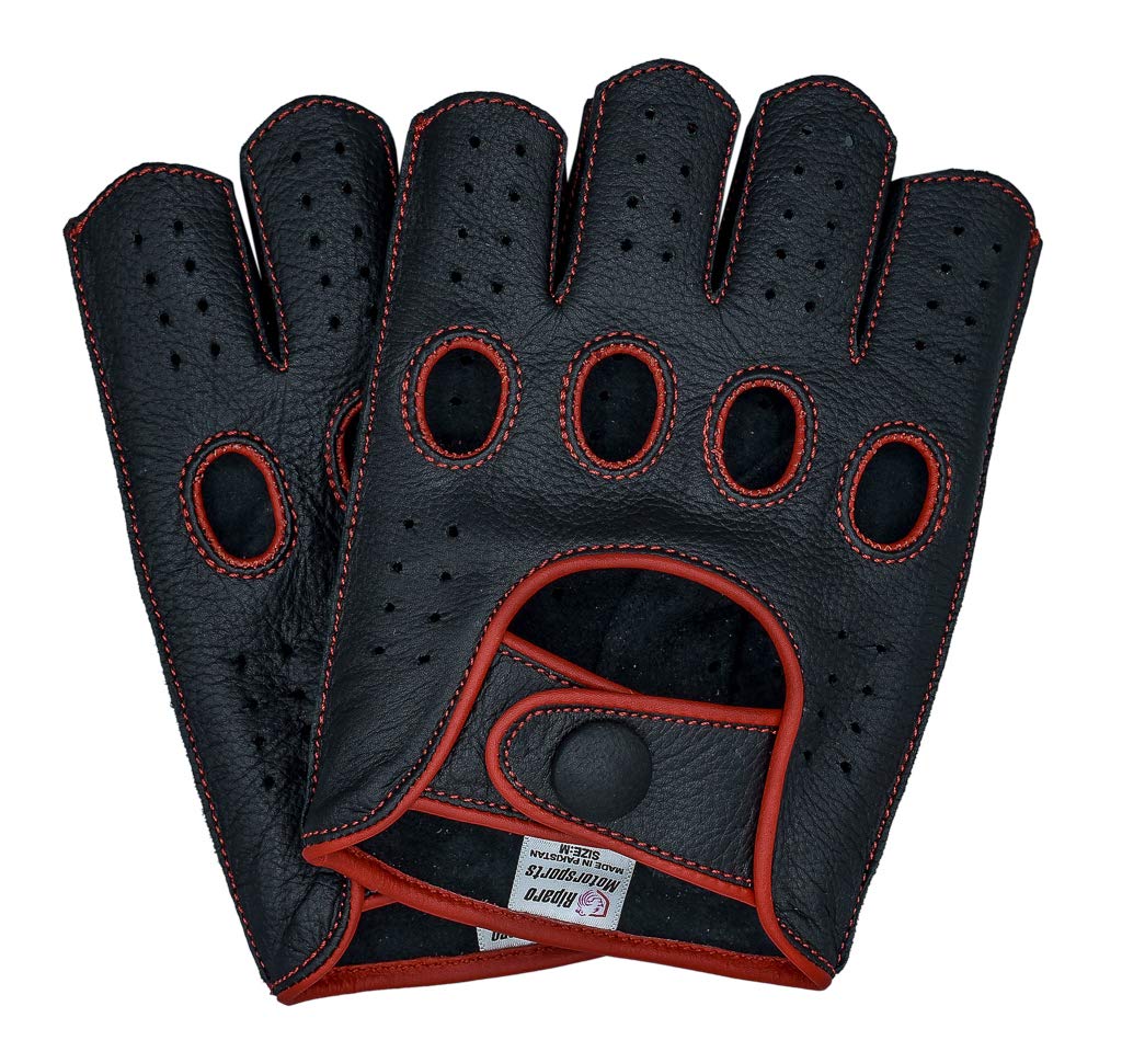 Riparo Mens Genuine Leather Reverse Stitched Half-Finger Driving Motorcycle Gloves (Large, Black/Red)