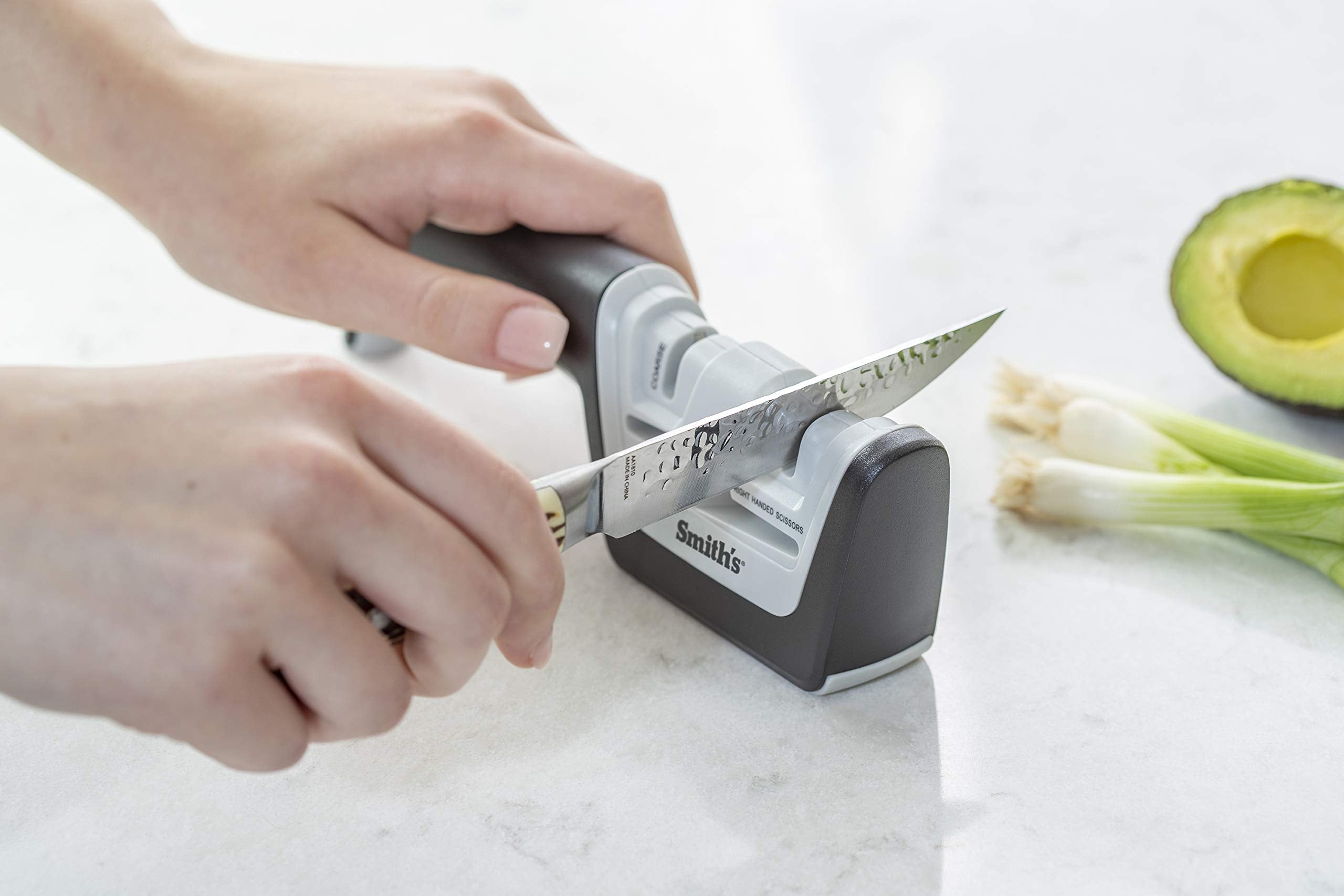 Kitcheniq 50217 Diamond Pull-Thru Knife & Scissor Sharpener - Black/White - Pull-Thru Knife Sharpener - Left & Right-Handed Scis