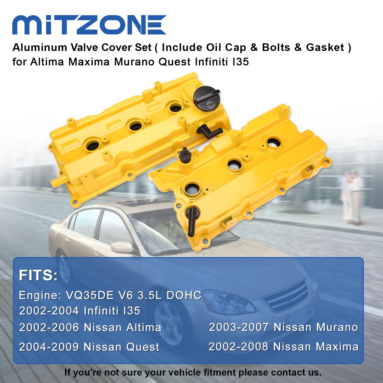 MITZONE Aluminum Valve Covers for 2002-2009 Nissan Altima, Maxima, Murano, Quest, Infiniti i35 – Yellow Front & Rear Set