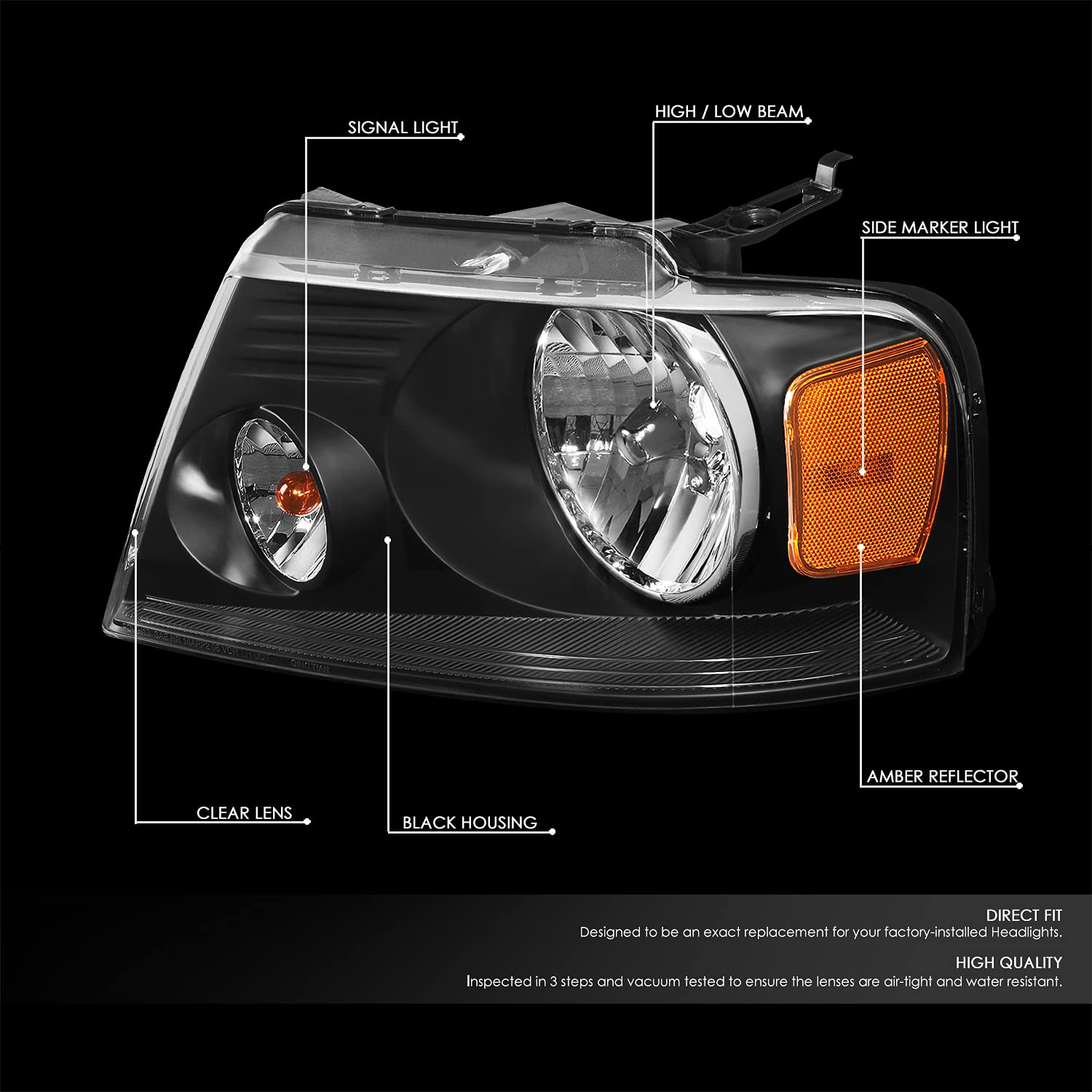 DNA MOTORING Black Amber Headlights Replacement for 04-08 F-150/06-08 Mark LT, Model HL-OH-F1504-BK-AM
