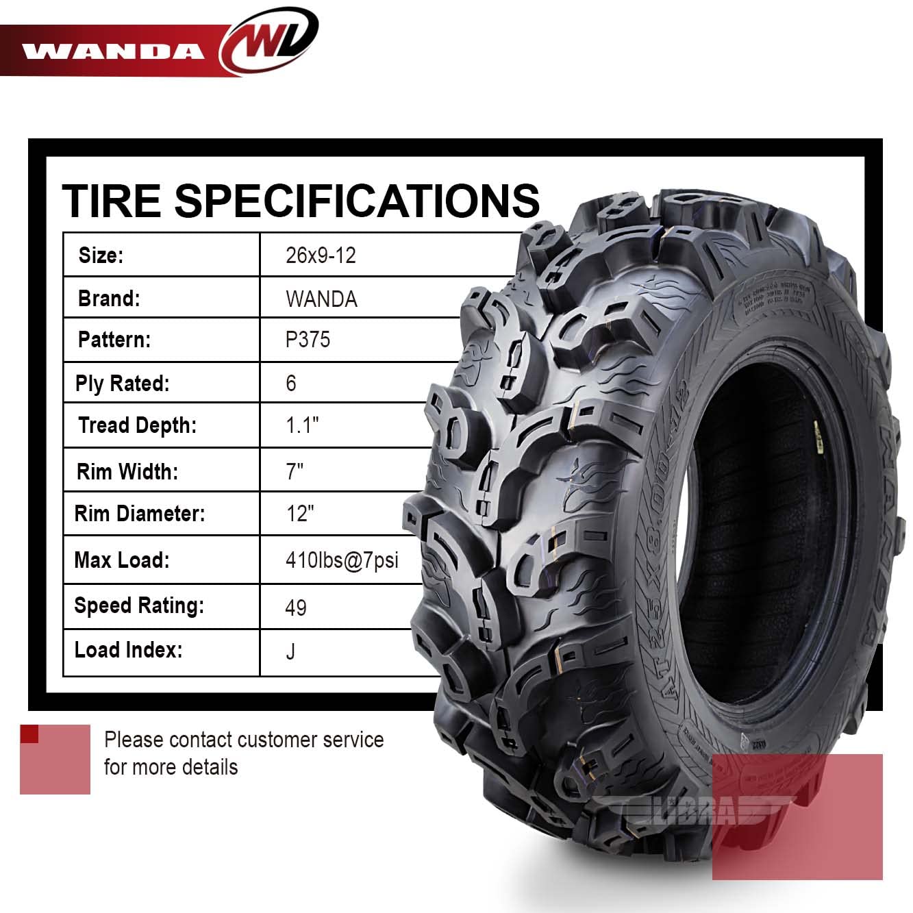 Wanda Set Of 4 Atv Utv Tires 26X9-12 26X9X12 6Pr Super Lug Mud
