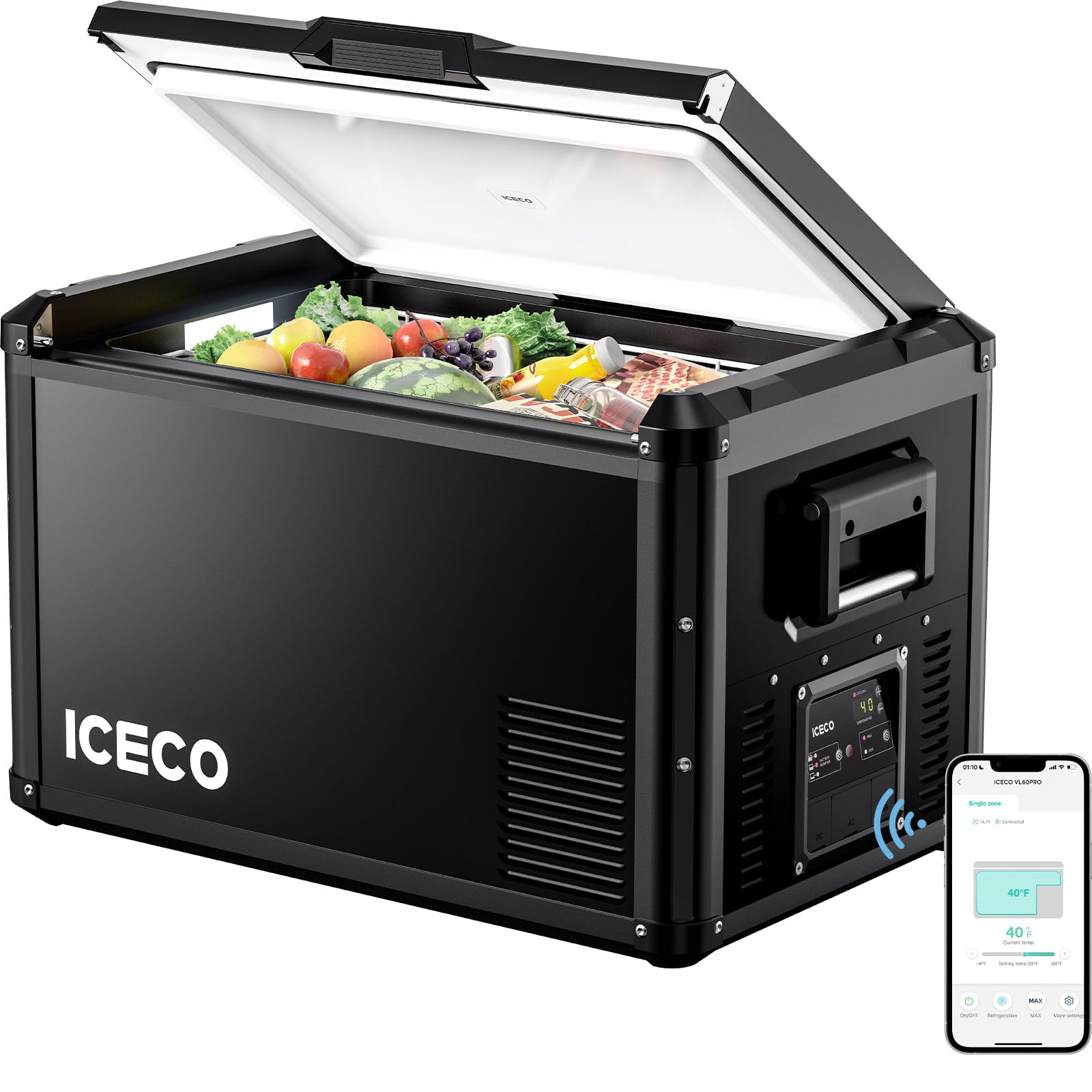 Iceco Vl60 Pros Portable Refrigerator, Multi-Directional Lid, Dual Usb & Dc 12/24V, Ac 110-240V, 60L Steel Compact Refrigerator