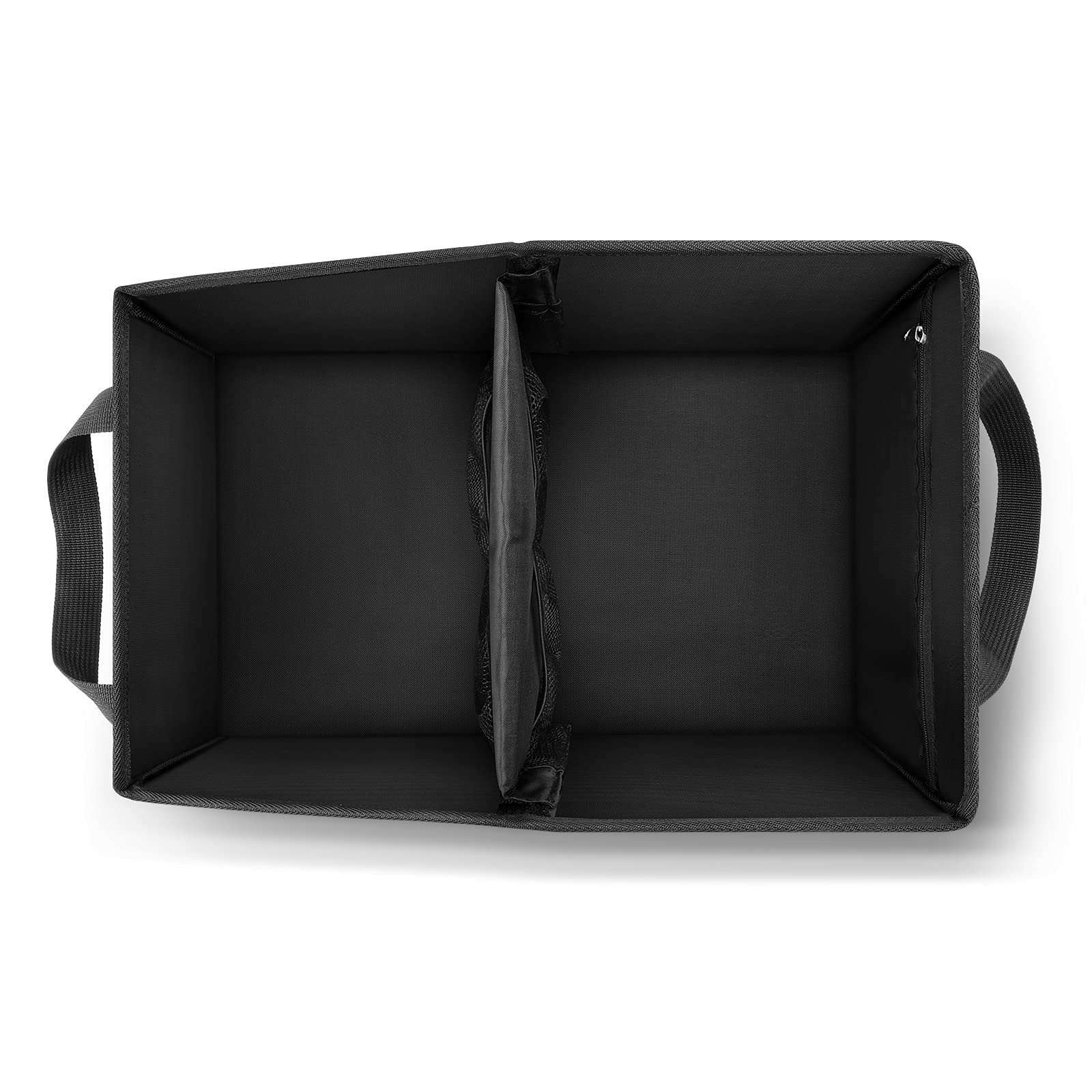 INFIVITA Car Organizer - Black Oxford Cloth Caddy with Dividers, Handles, and Mesh Pockets for Front and Back Seat or Floor