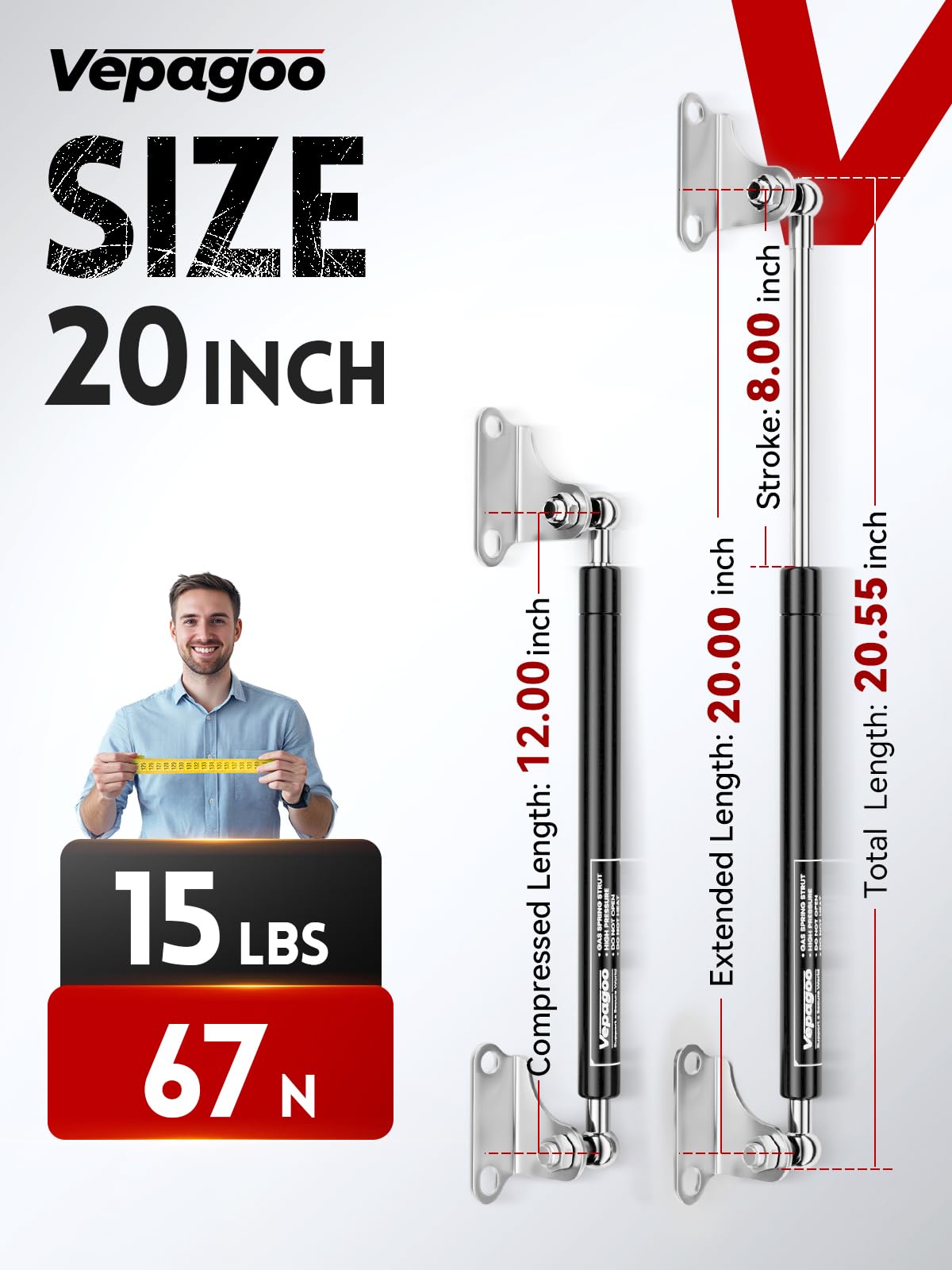 Vepagoo Gas Struts 20 Inch 15Lb/67N, Carbon Steel, Black, with Mounting Brackets, Heavy Duty Support for Boat Engine Hatch, 2pcs
