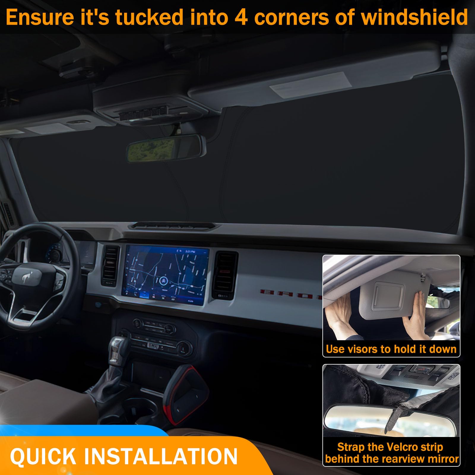 TOPINSTALL Foldable Windshield Sunshade Compatible with Ford Bronco 2/4-Door 2021-2025, Front Window Sun Protector with Storage