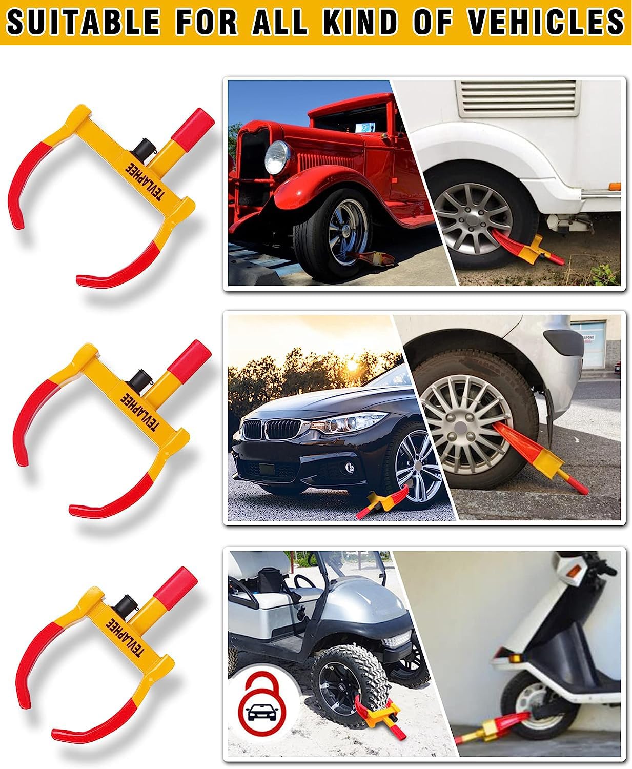Tevlaphee Anti-Theft Wheel Lock Set, 8 Keyed Alike, Red-Yellow Color, Fits 11.8 Inch Tires, Easy Installation