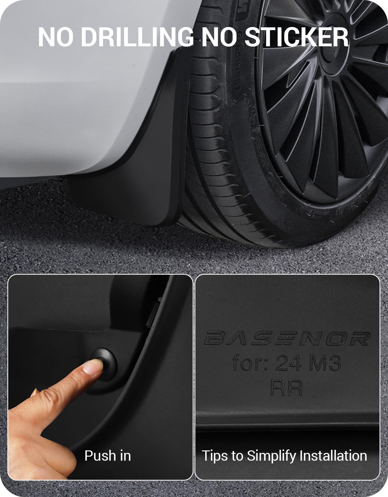 Basenor Upgraded 2024 2025 Tesla Model 3 Highland Mud Flaps Splash Guards Fenders No Drilling No Tape Mudflaps All Weather Prote