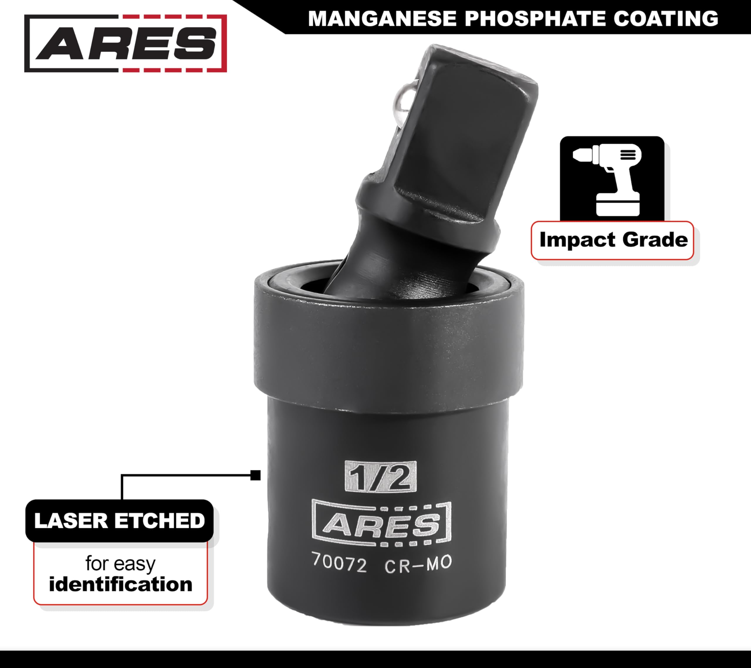 ARES 70073 3-Piece Impact Universal Joint Set - Chrome Moly U-Joint Sockets for 1/4", 3/8", and 1/2" Drive - Access