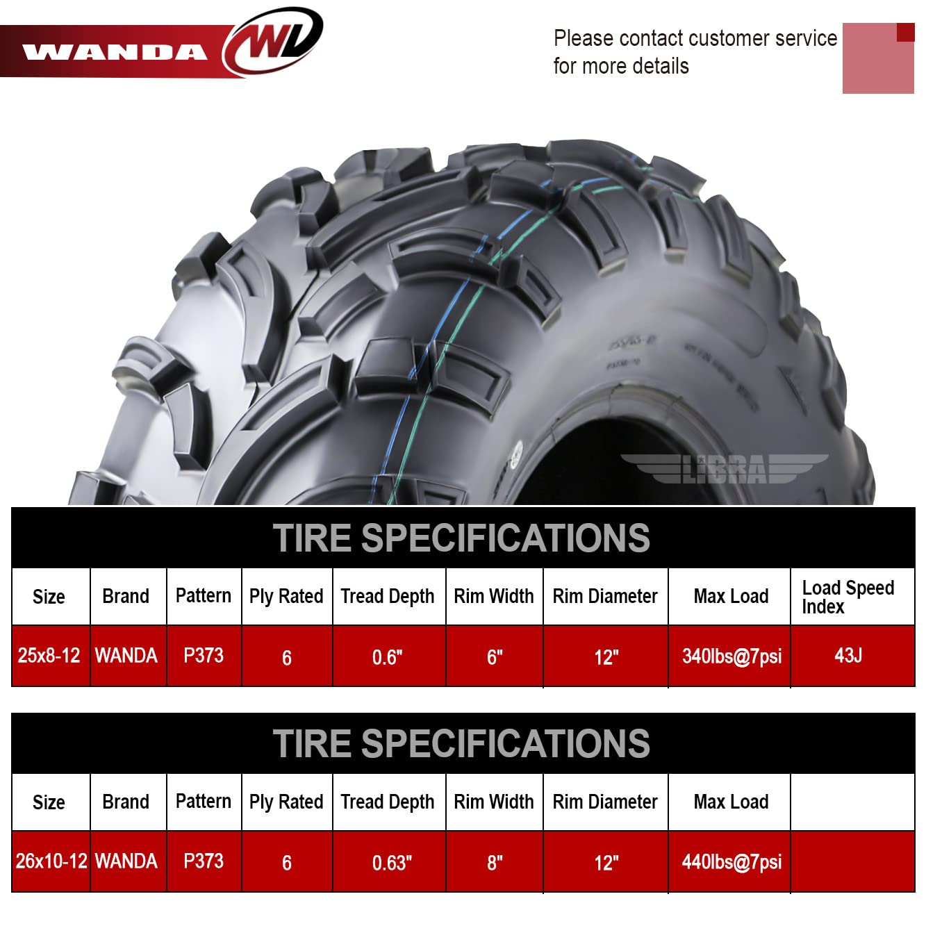 Wanda Set Of 4 Atv Tires 25X8-12 25X8X12 Front & 26X10-12 26X10X12 Rear 6Pr P373