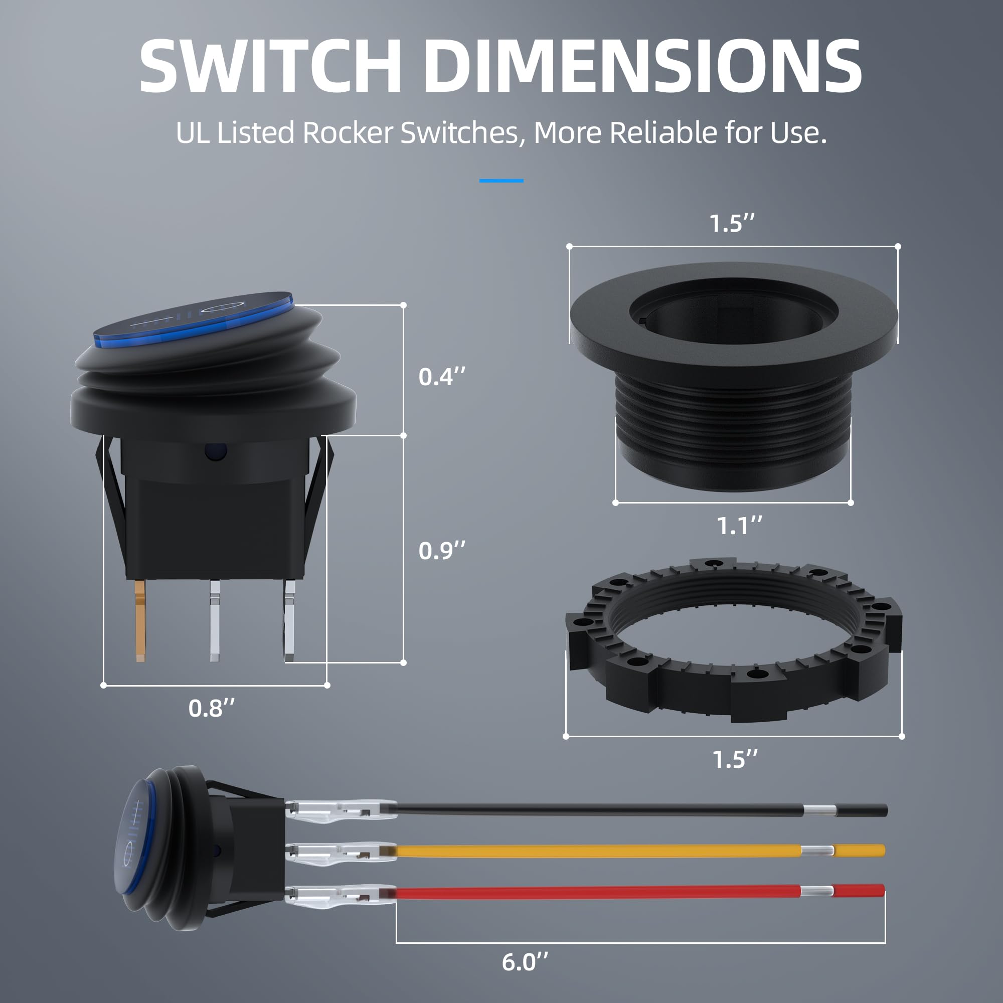 DaierTek Round Rocker Switch 12V 20A UL Listed Waterproof Marine Round Toggle Switch LED Lighted ON Off Switch Heavy Duty 3 Colo