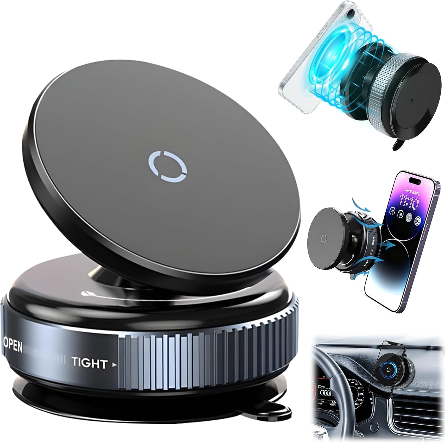 Upgraded Vacuum Magnetic Car Phone Holder 360 Rotating Strong Suction Cup Mount for Car, Powerful Magnet Phone Holder Dashboard 