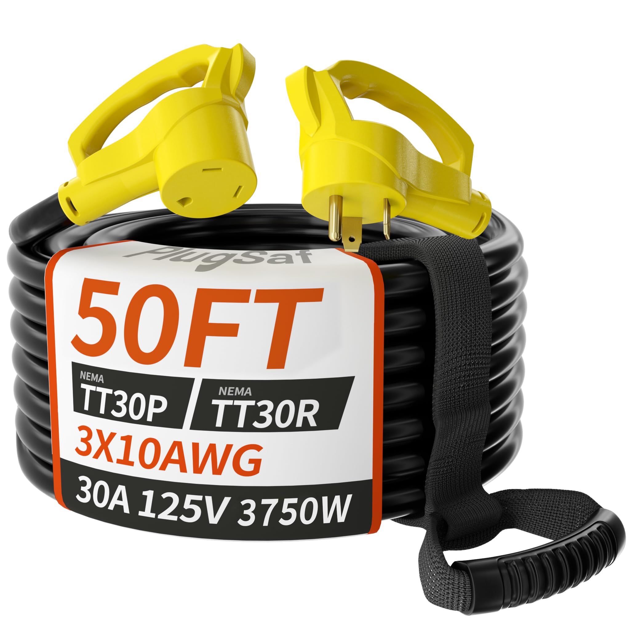 Plugsaf 50 Ft 30 Amp Rv Extension Cord Outdoor With Grip Handle, Flexible Heavy Duty 10/3 Gauge Stw Rv Power Cord Waterproof Wit