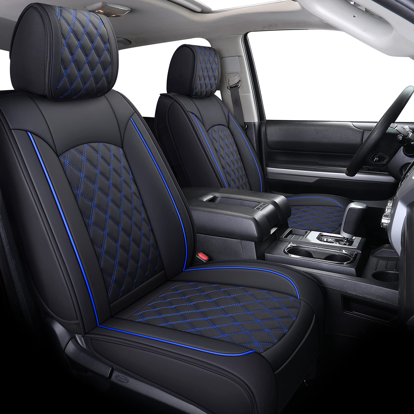 Yiertai Truck Seat Covers Compatible With Toyota Tundra For 2008-2025 Tundra Crewmax Sr5 Limited Double Cab Crew Extended Cab Waterproof Leather Seats Protectors(2 Pcs Front Only/Black-Blue)