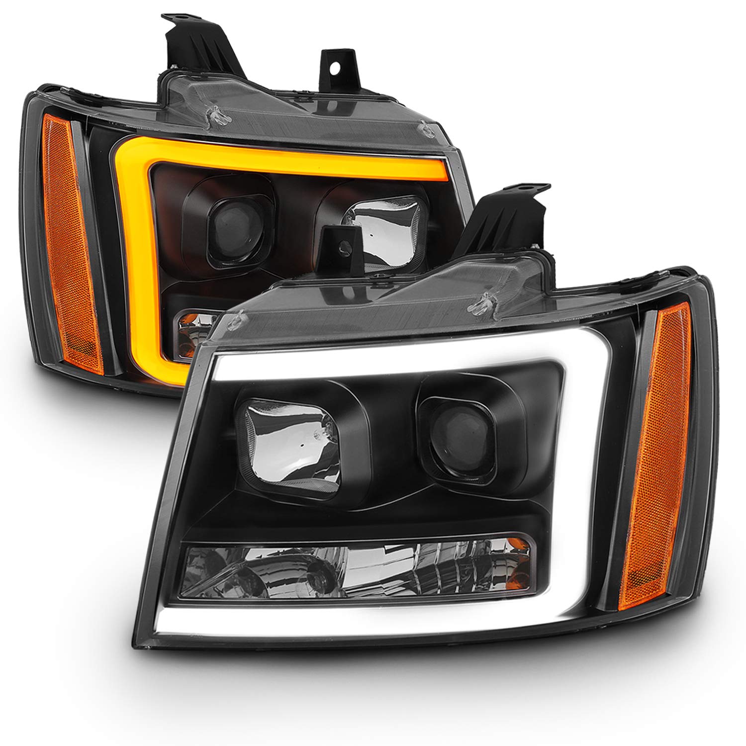 AmeriLite Projector Headlights Pair for 2007-2013 Chevy Avalanche/Suburban/Tahoe - Black Switchback LED Tube Turn Signal
