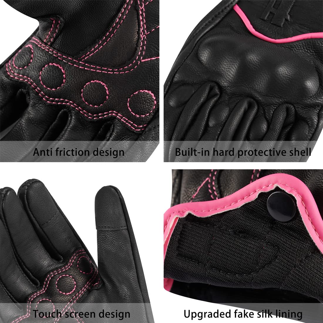 Harssidanzar Womens Full Finger Goatskin Leather Touchscreen Motorcycle Gloves Gl016,Pinkblack,Size L