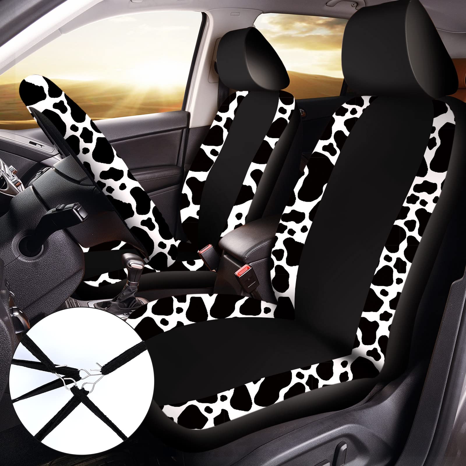 Cow Print Car Seat Covers Full Set For Women Men Cow Print Car Accessories Set Rubber Steering Wheel Cover Car Armrest Pad Cover