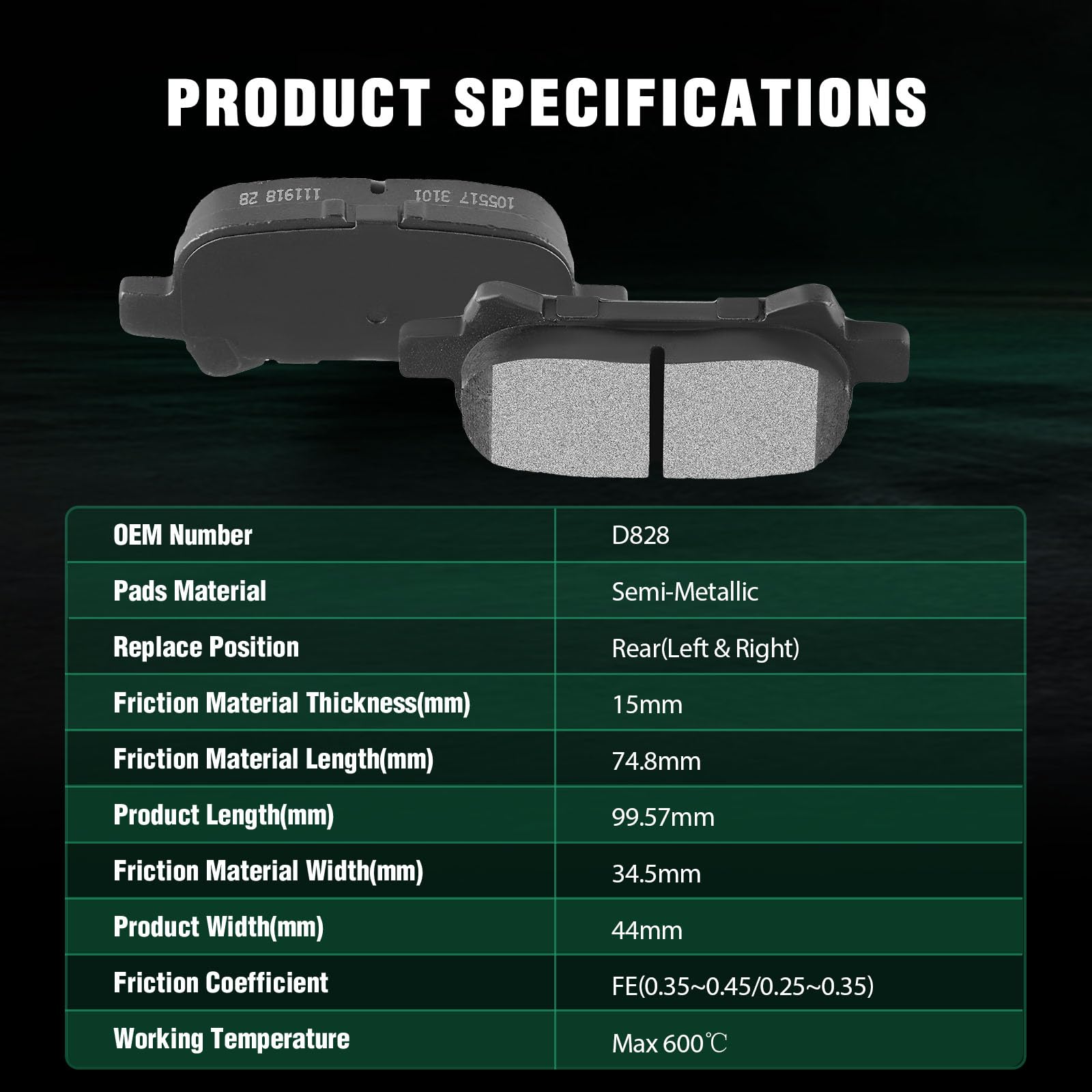 Automuto 4Pcs Rear Semi-Metallic Disc Brake Pads Set D828 For Toyota Avalon 2000-2007, Camry 2000-2006, Solara 1999-2008