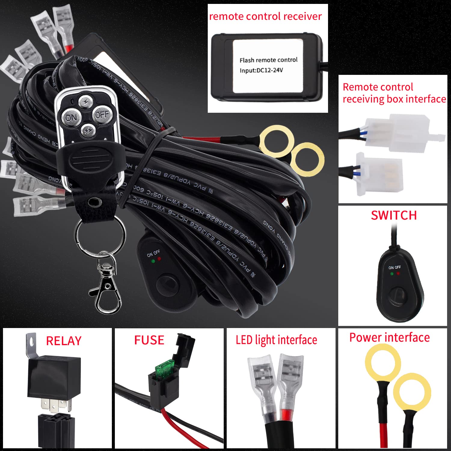 Szdystar LED Lights Bar Wiring Harness Kit - 4 Leads, DC12V, On-Off Switch, Black, Model: 4Leads with Wireless Remote, 14AWG Cable